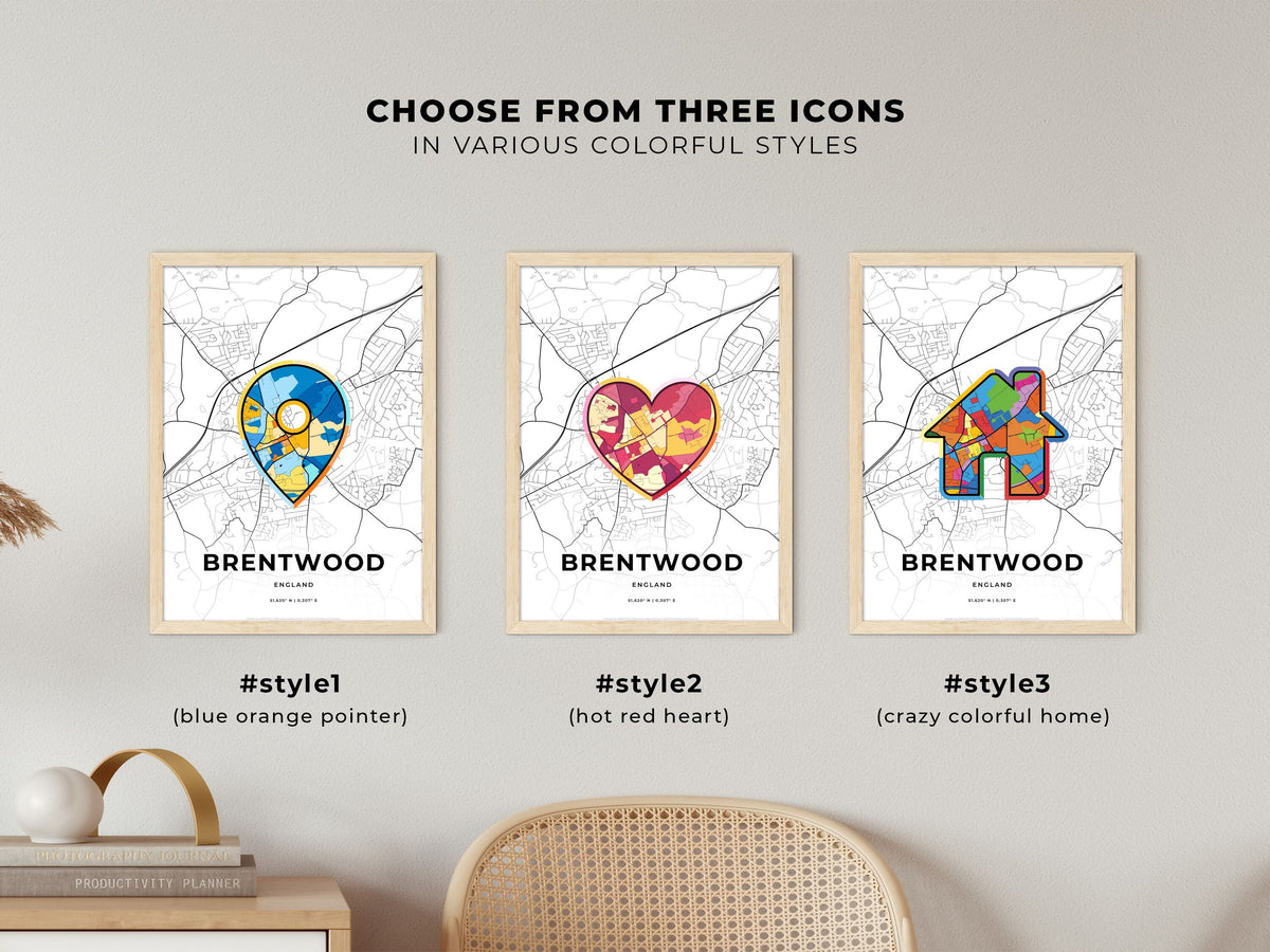 Brentwood England maps with colorful icons