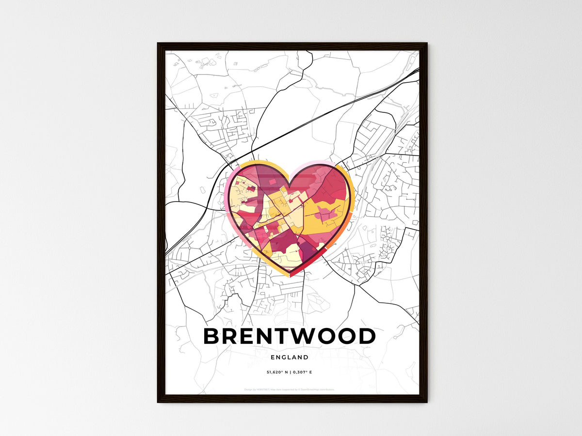 Brentwood England wedding art map with heart icon