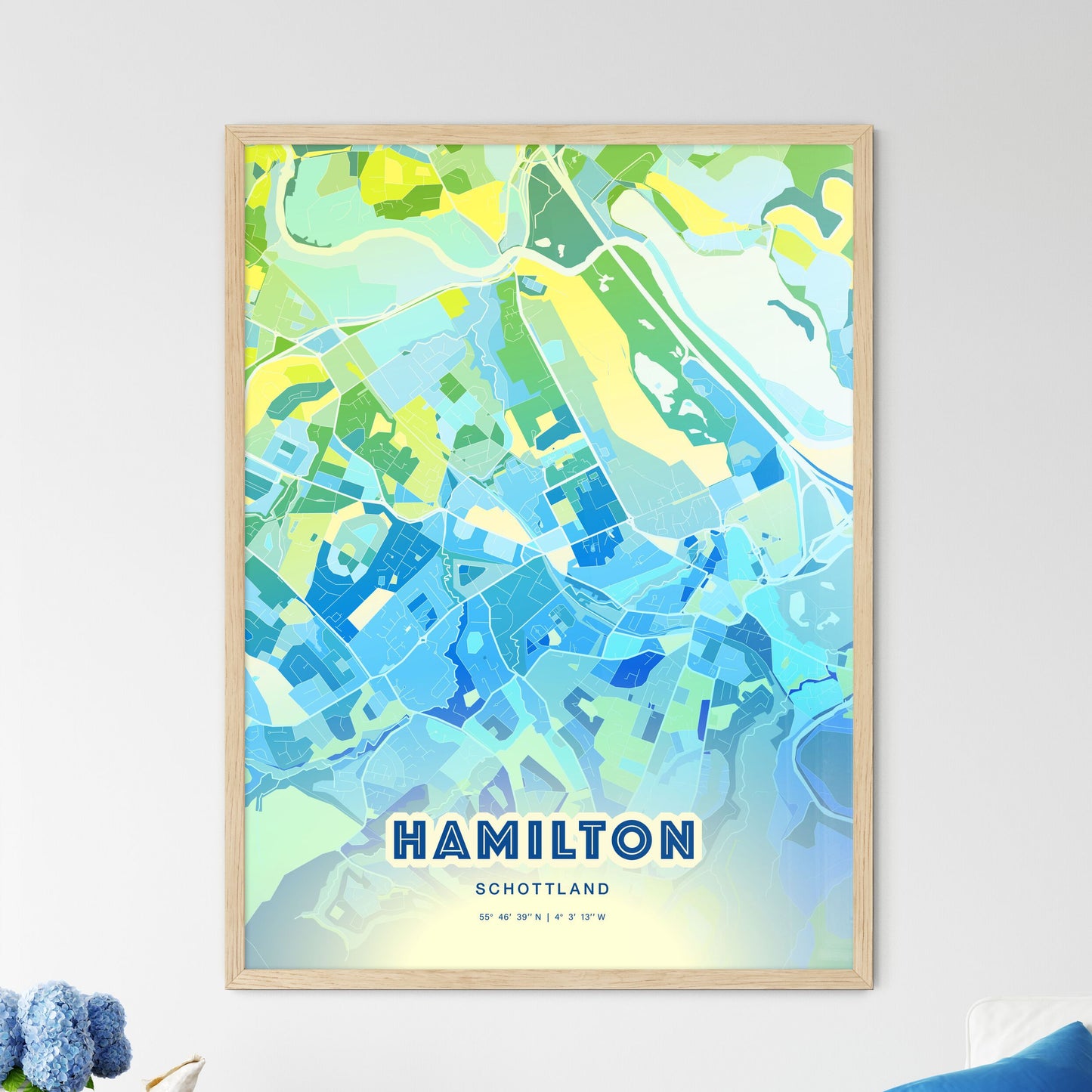 Colorful HAMILTON SCOTLAND Fine Art Map Cool Blue