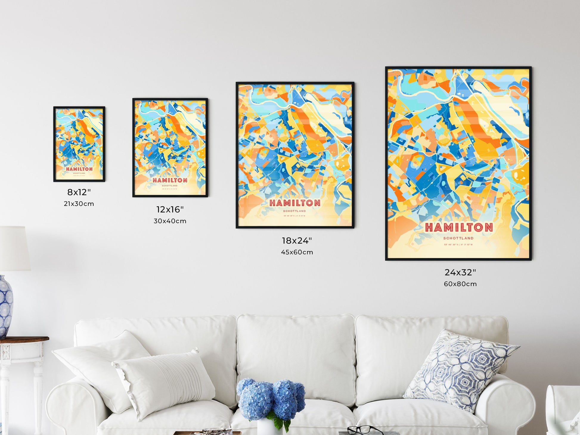 Colorful HAMILTON SCOTLAND Fine Art Map Blue Orange