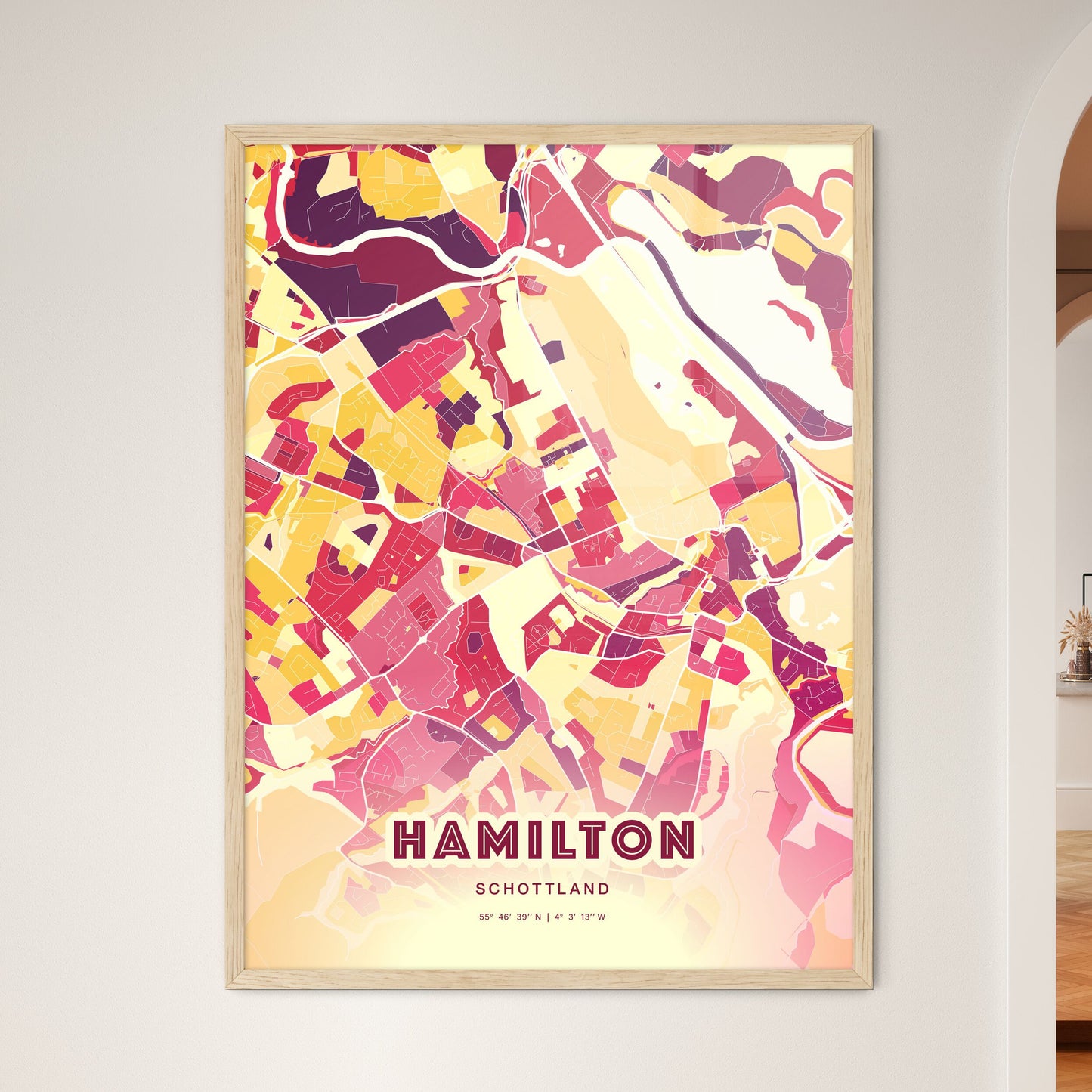 Colorful HAMILTON SCOTLAND Fine Art Map Hot Red