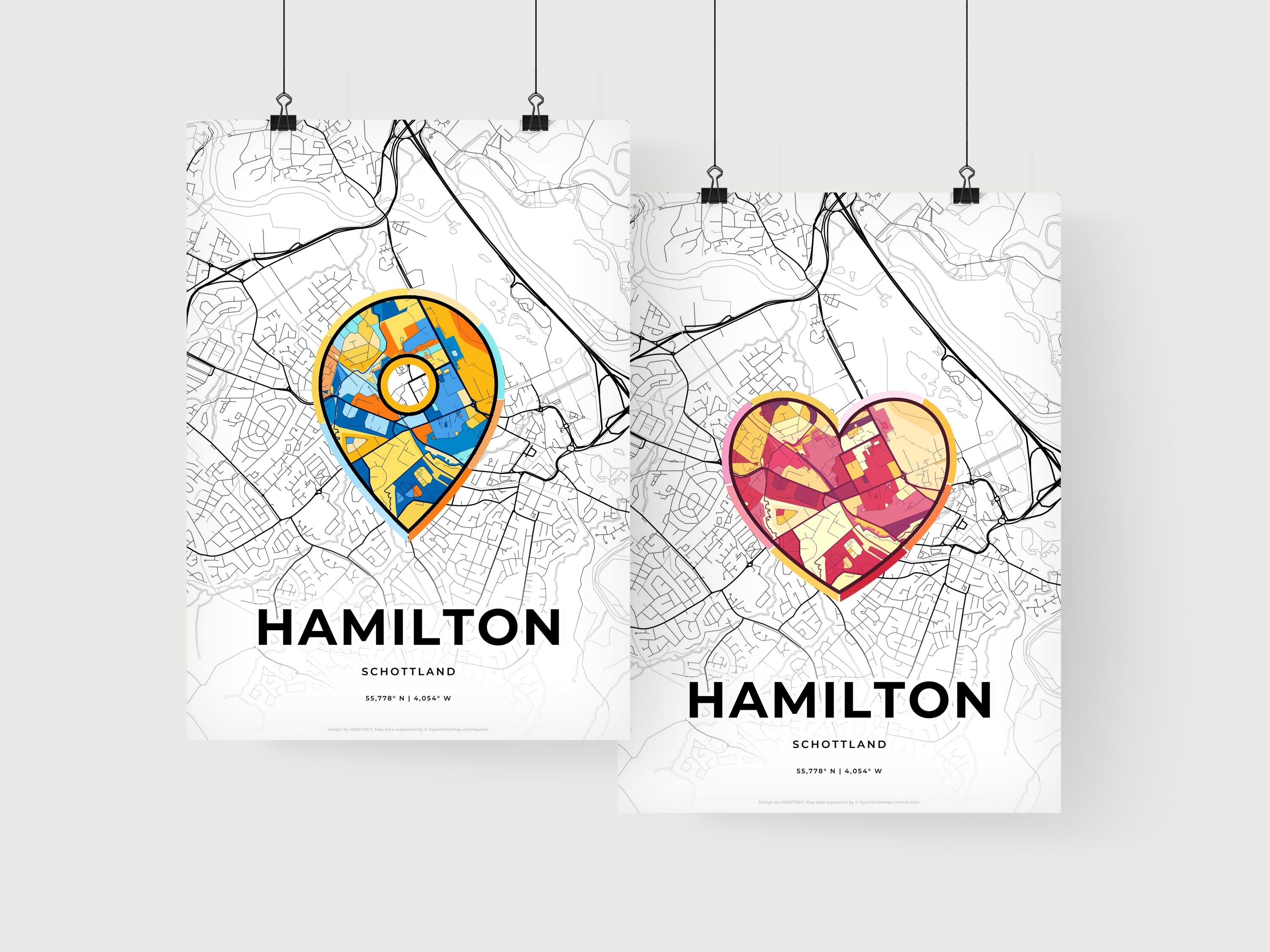 Art Map of Hamilton Scotland, Minimal Art Map With A Colorful Icon ...