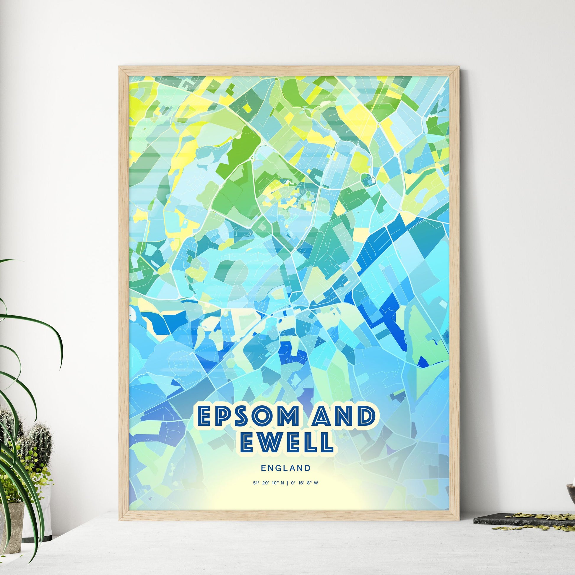 Colorful EPSOM AND EWELL ENGLAND Fine Art Map Cool Blue