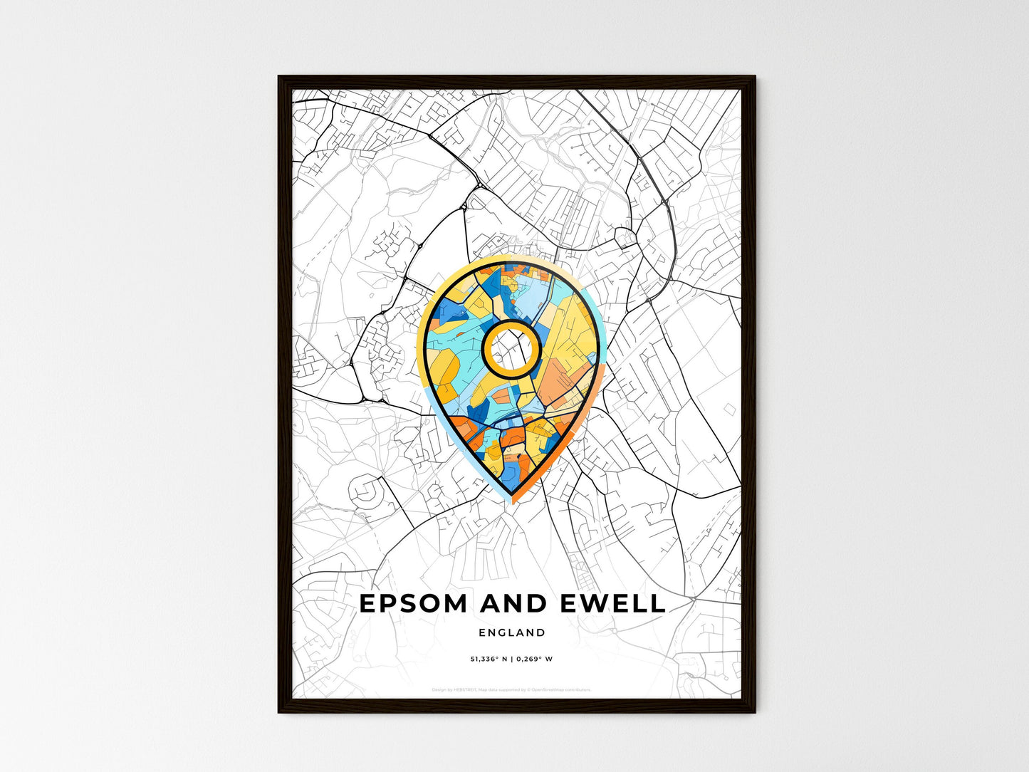 Epsom And Ewell England wedding art map with pointer icon