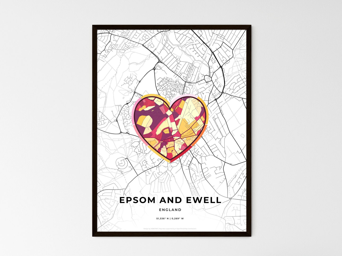 Epsom And Ewell England wedding art map with heart icon