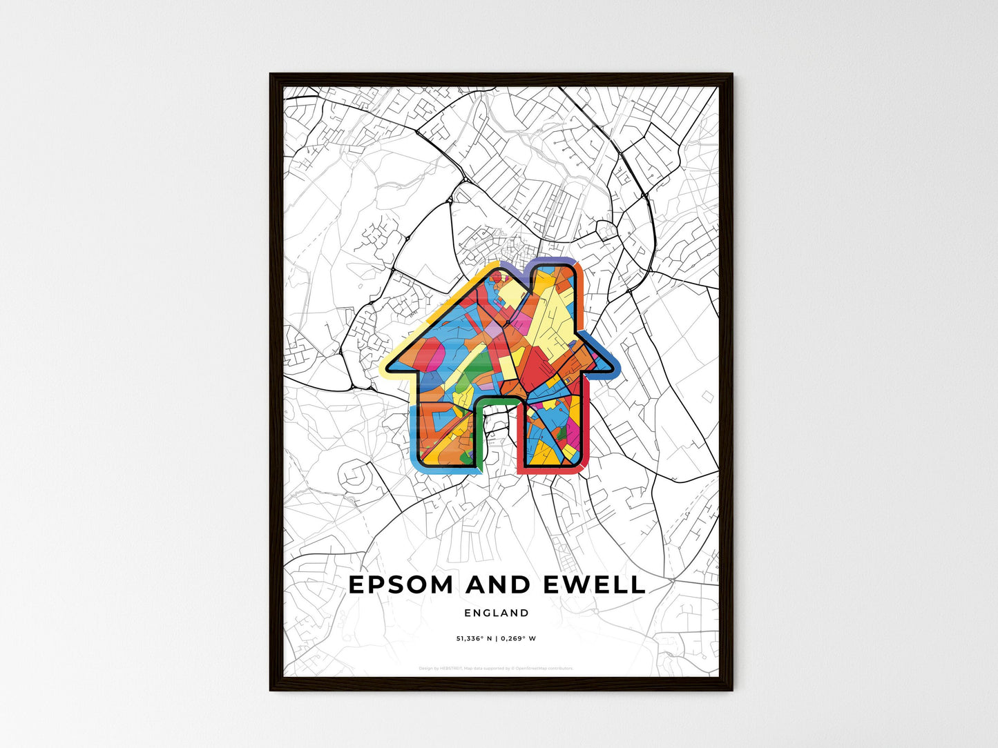 Epsom And Ewell England wedding art map with home icon