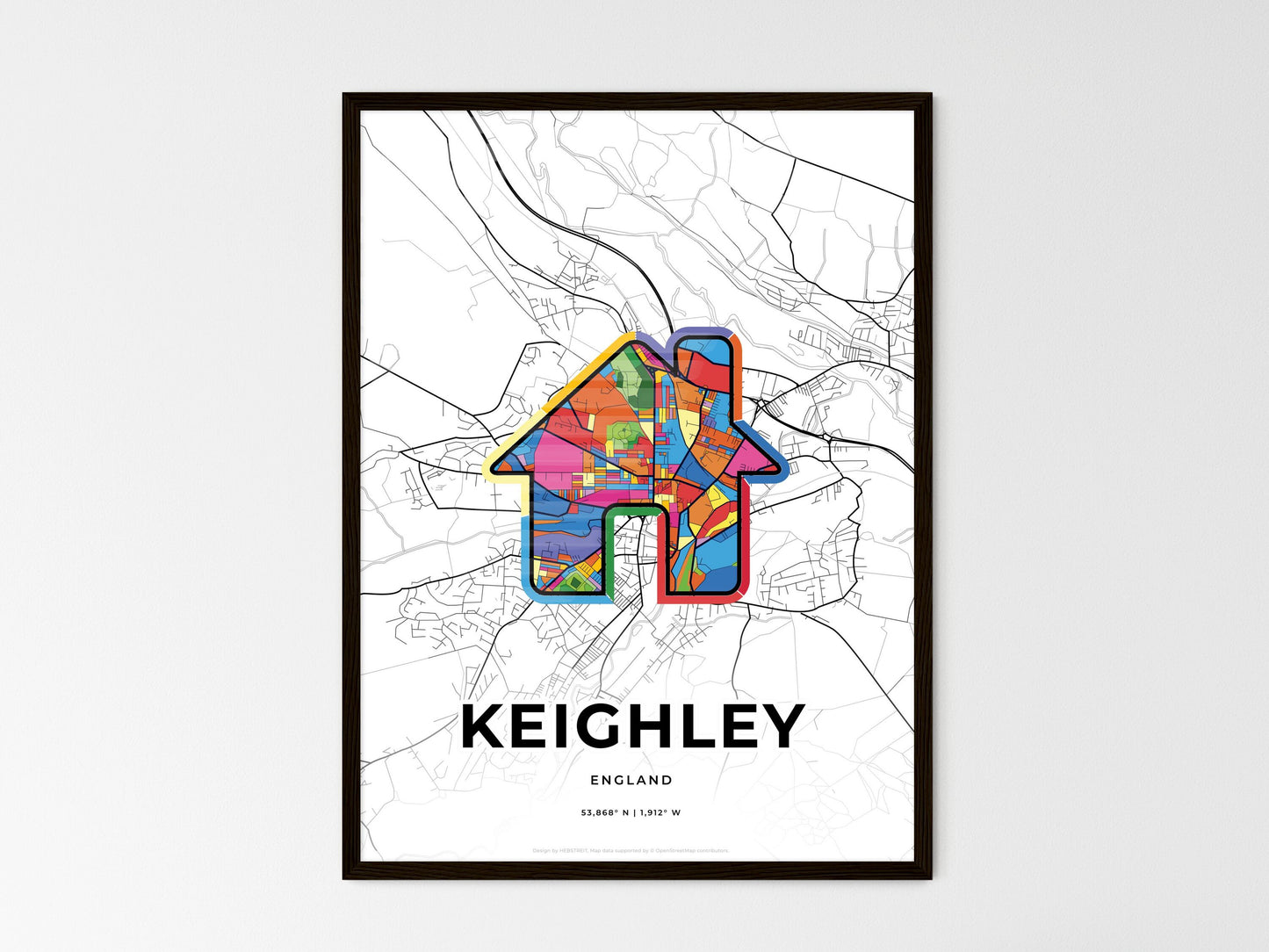 KEIGHLEY ENGLAND minimal art map with a colorful icon. Where it all began, Couple map gift. Style 3