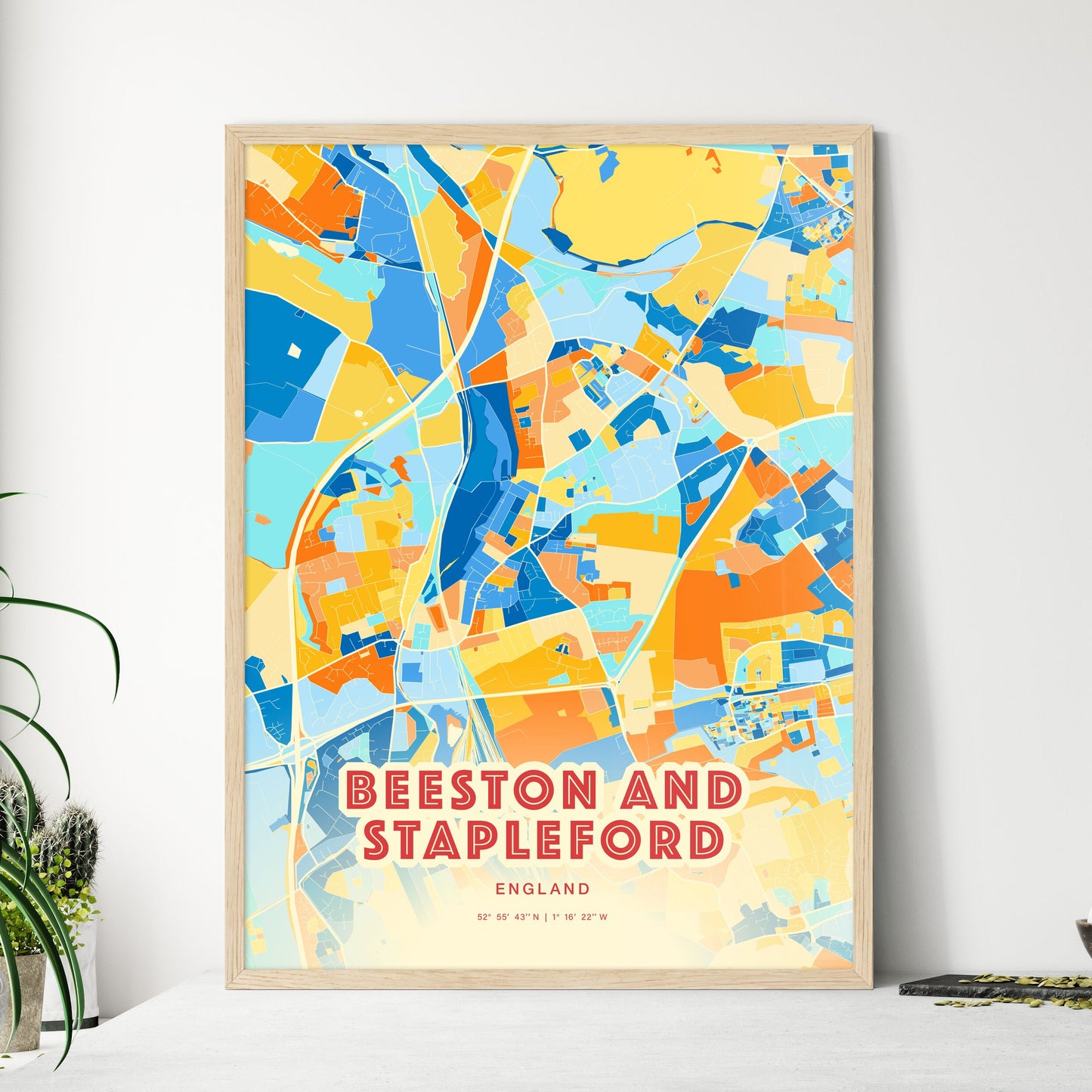 Colorful BEESTON AND STAPLEFORD ENGLAND Fine Art Map Blue Orange