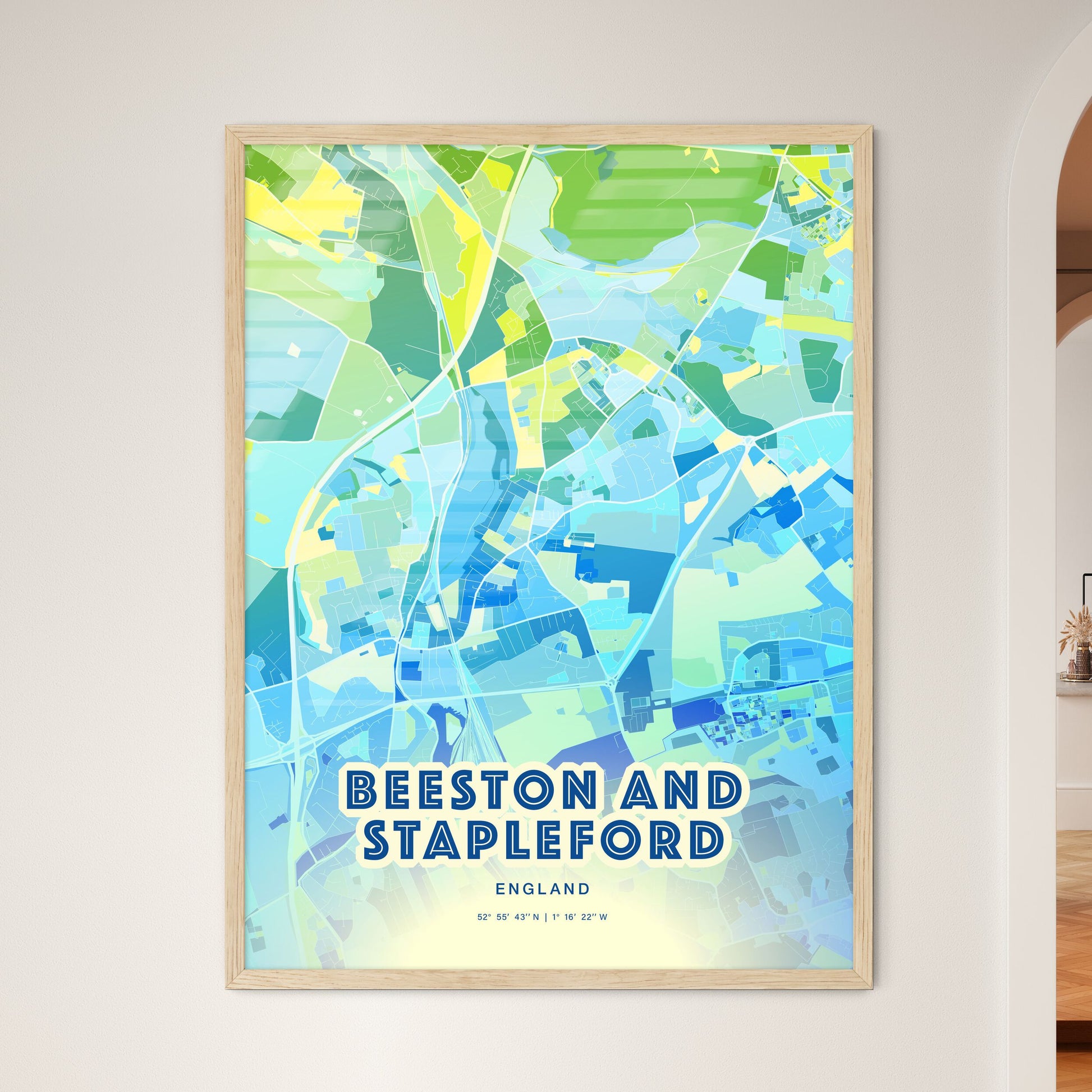 Colorful BEESTON AND STAPLEFORD ENGLAND Fine Art Map Cool Blue