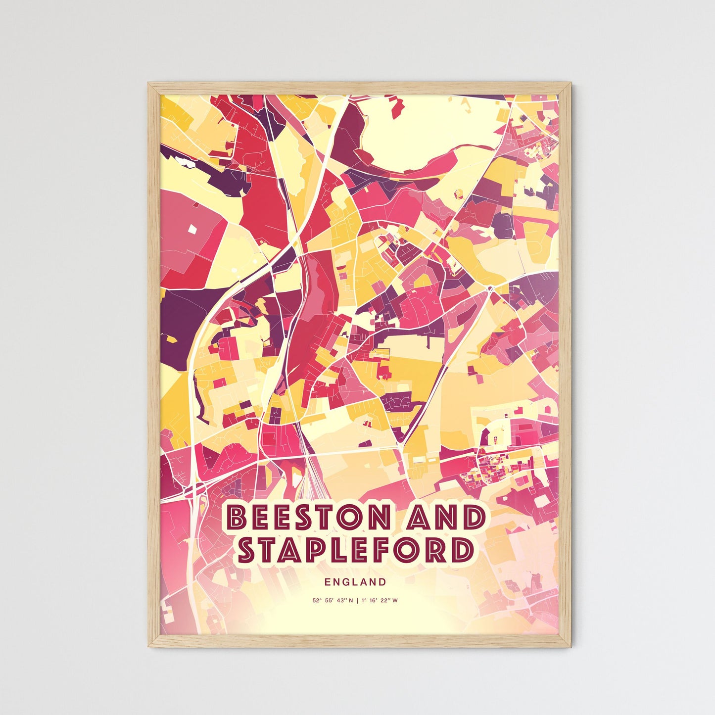 Colorful BEESTON AND STAPLEFORD ENGLAND Fine Art Map Hot Red