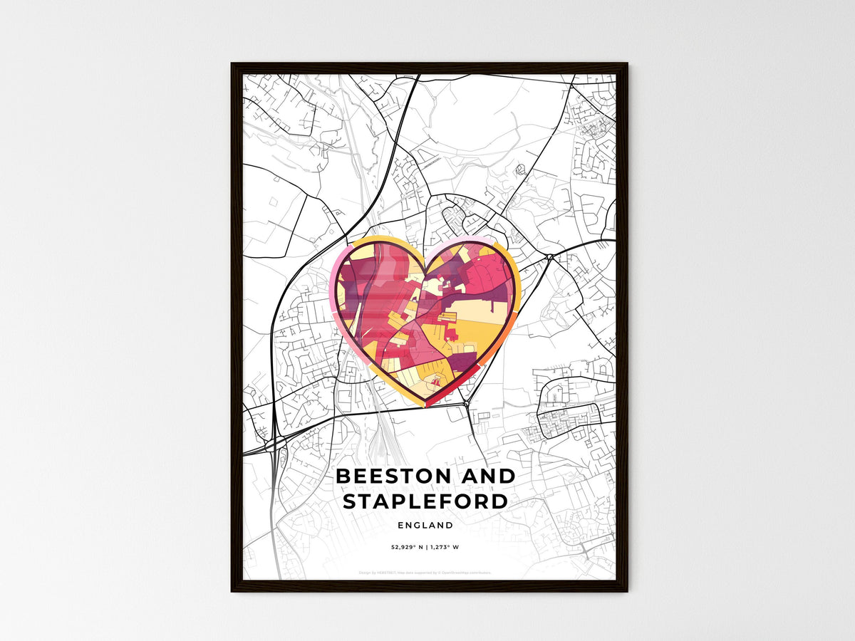 Beeston And Stapleford England wedding art map with heart icon