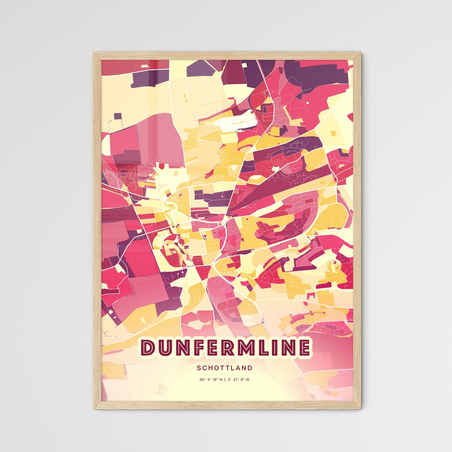 Colorful DUNFERMLINE SCOTLAND Fine Art Map Hot Red