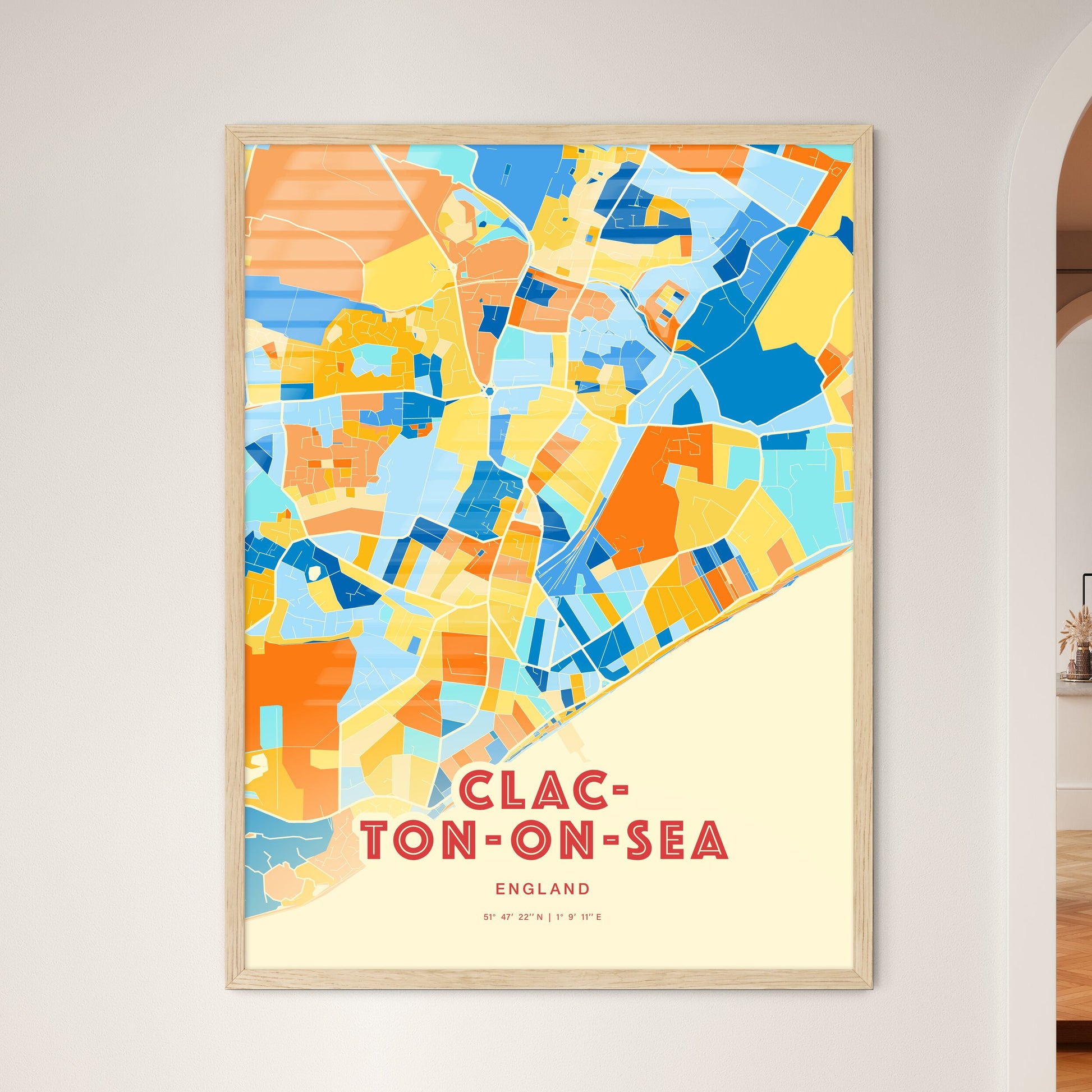 Colorful CLACTON-ON-SEA ENGLAND Fine Art Map Blue Orange