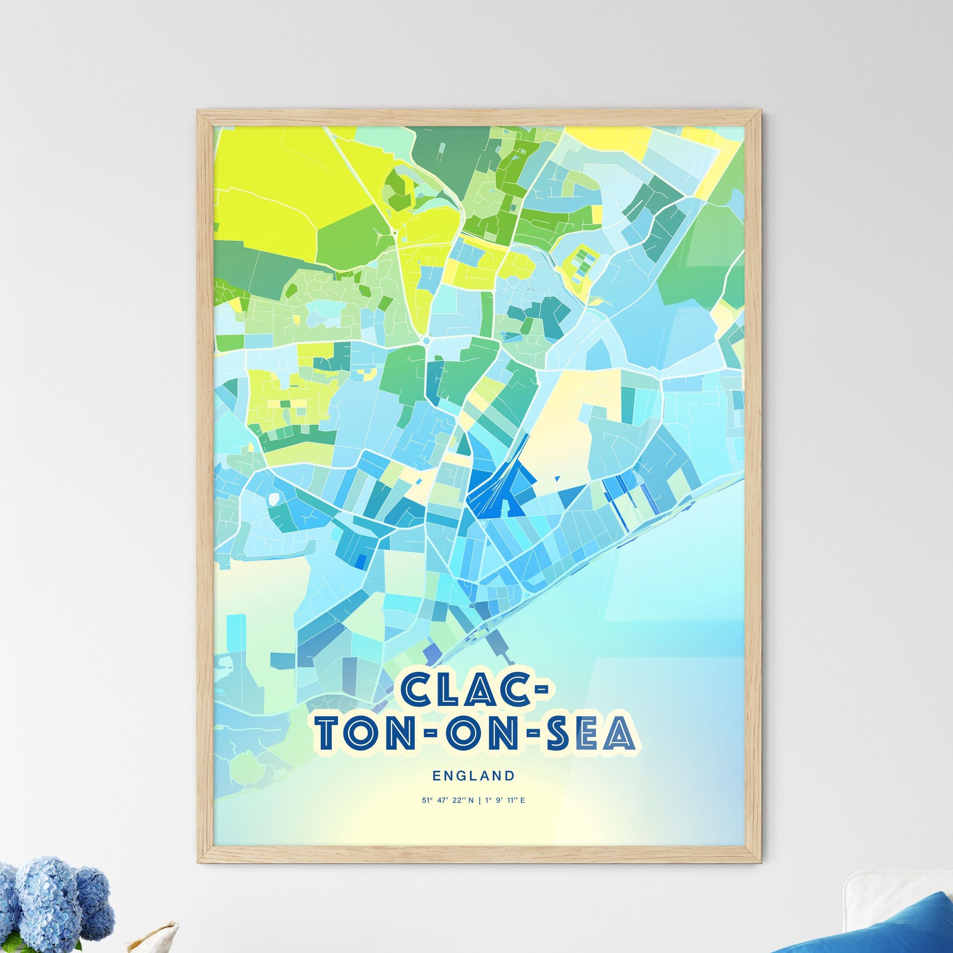 Colorful CLACTON-ON-SEA ENGLAND Fine Art Map Cool Blue