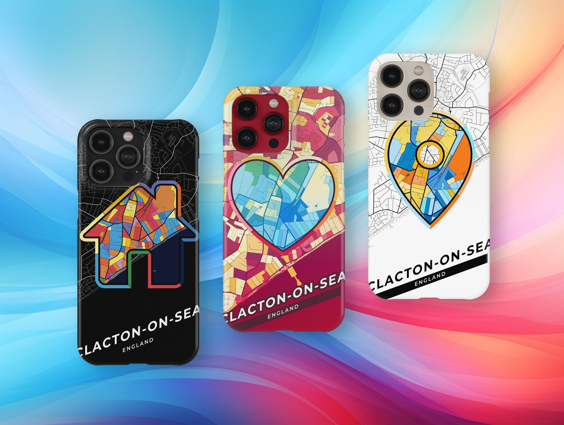 Clacton-On-Sea England slim phone case with colorful icon. Birthday, wedding or housewarming gift. Couple match cases.