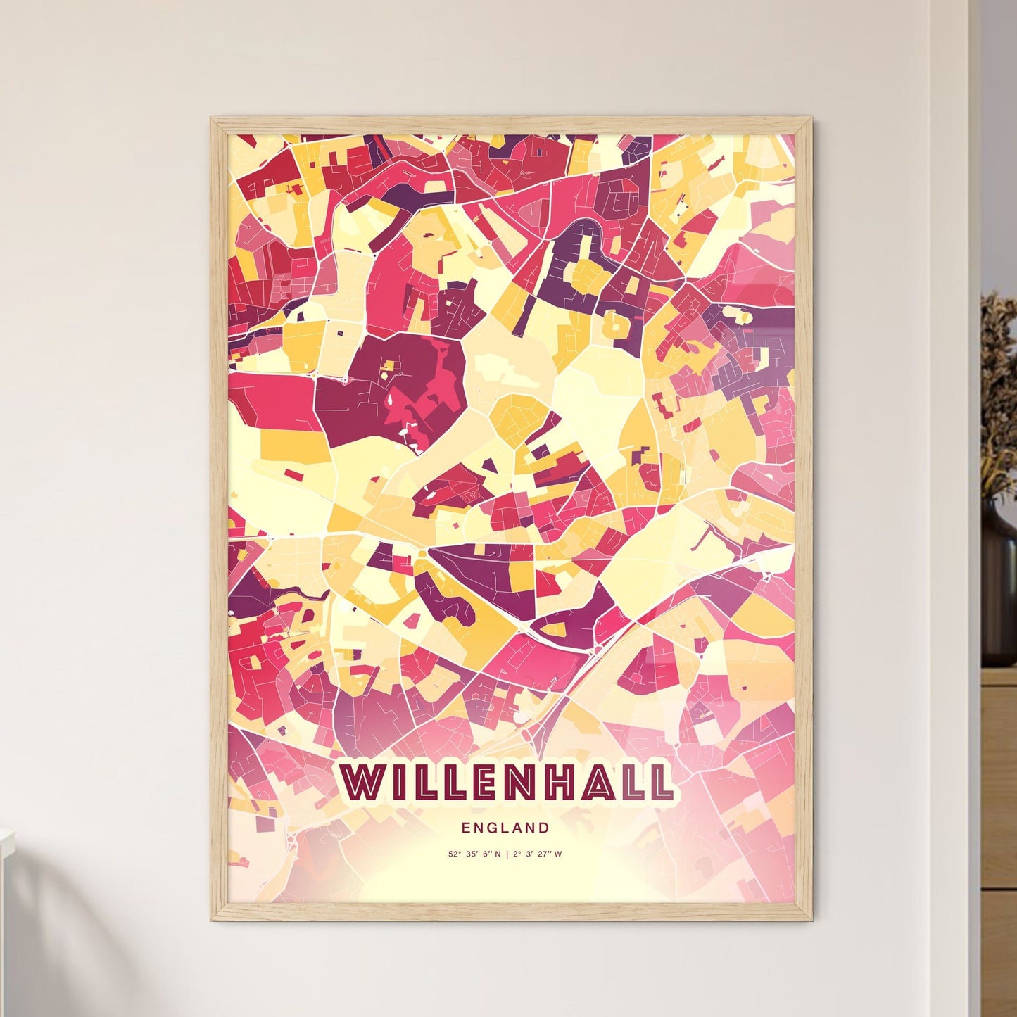 Colorful WILLENHALL ENGLAND Fine Art Map Hot Red