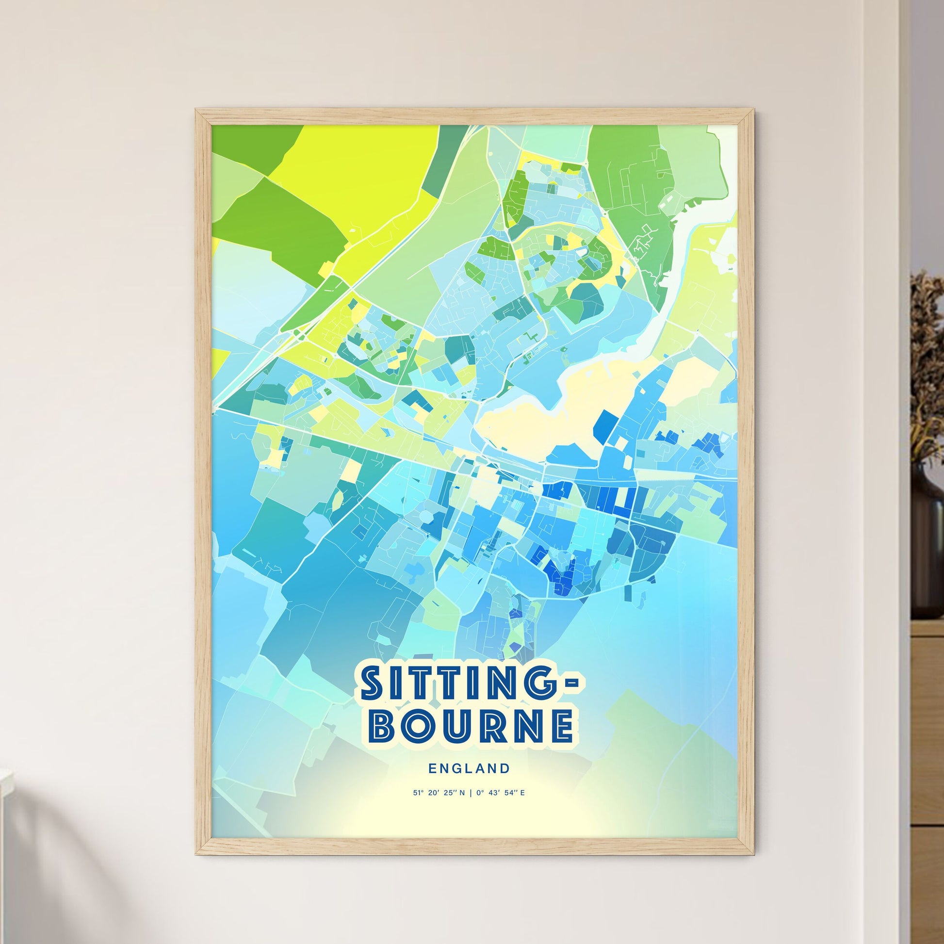 Colorful SITTINGBOURNE ENGLAND Fine Art Map Cool Blue