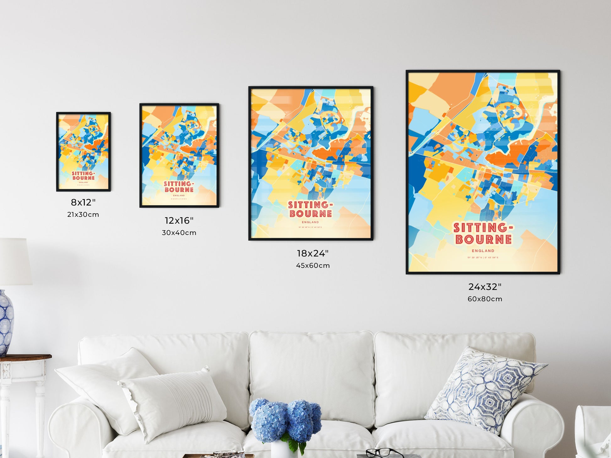 Colorful SITTINGBOURNE ENGLAND Fine Art Map Blue Orange