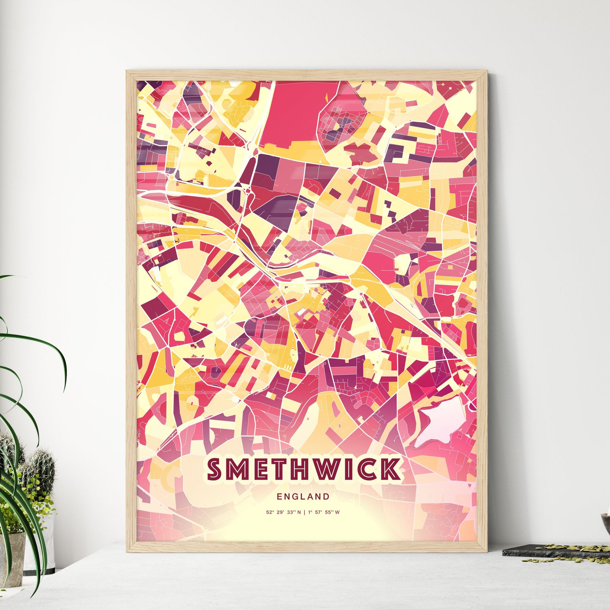 Colorful SMETHWICK ENGLAND Fine Art Map Hot Red