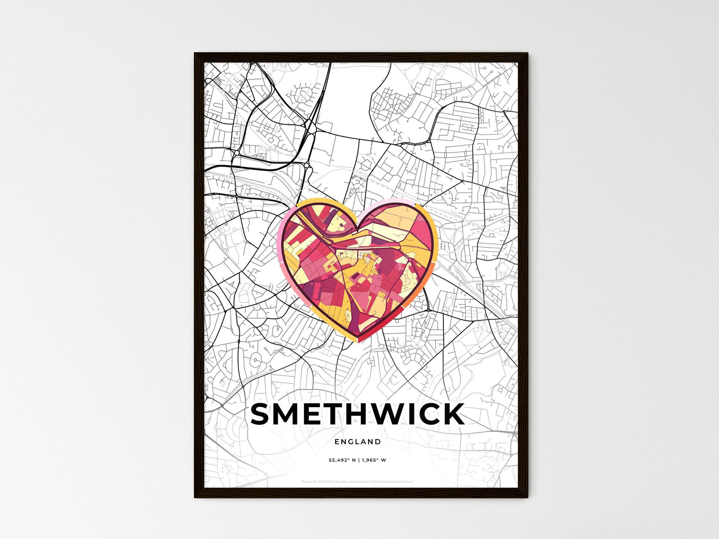 Smethwick England wedding art map with heart icon