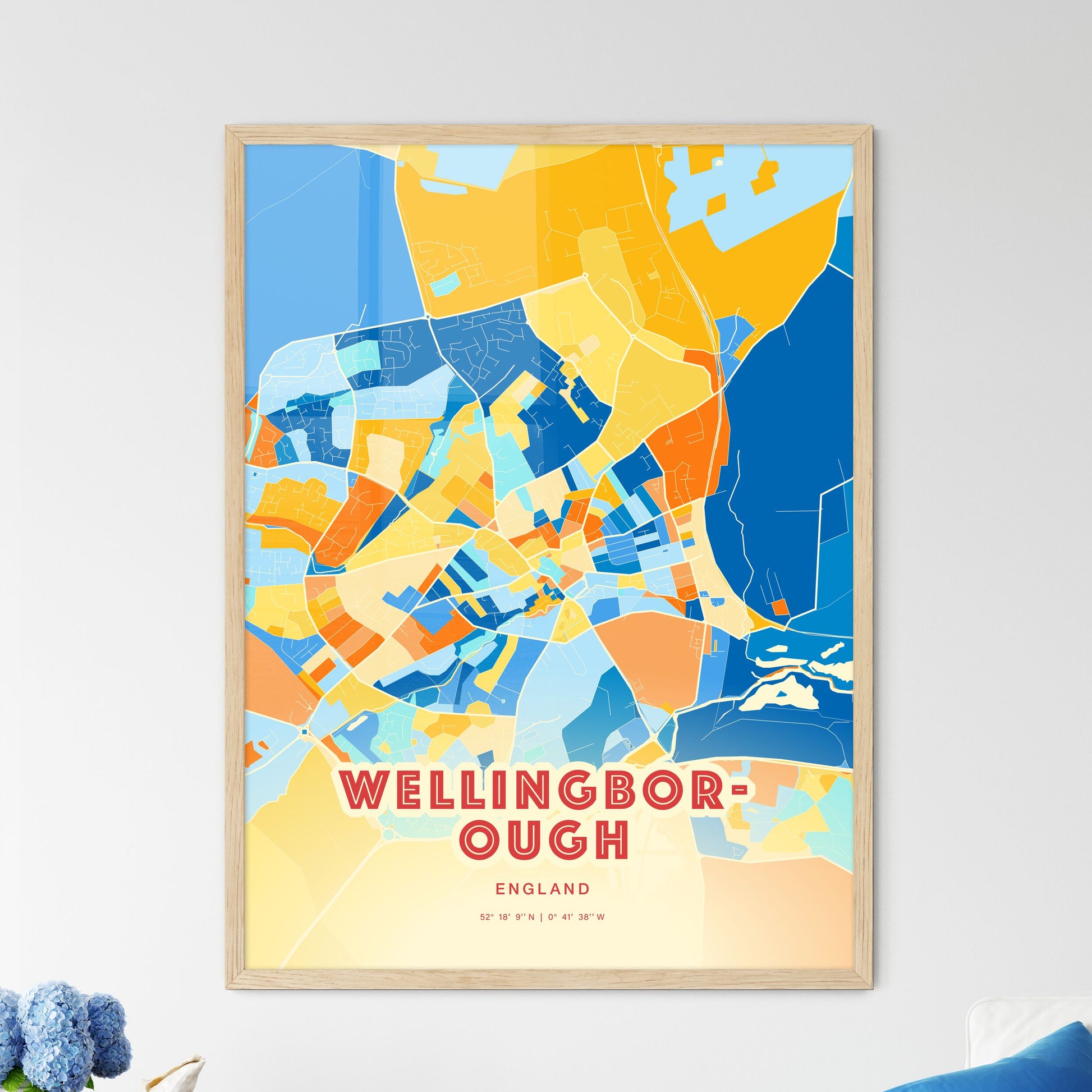 Colorful WELLINGBOROUGH ENGLAND Fine Art Map Blue Orange