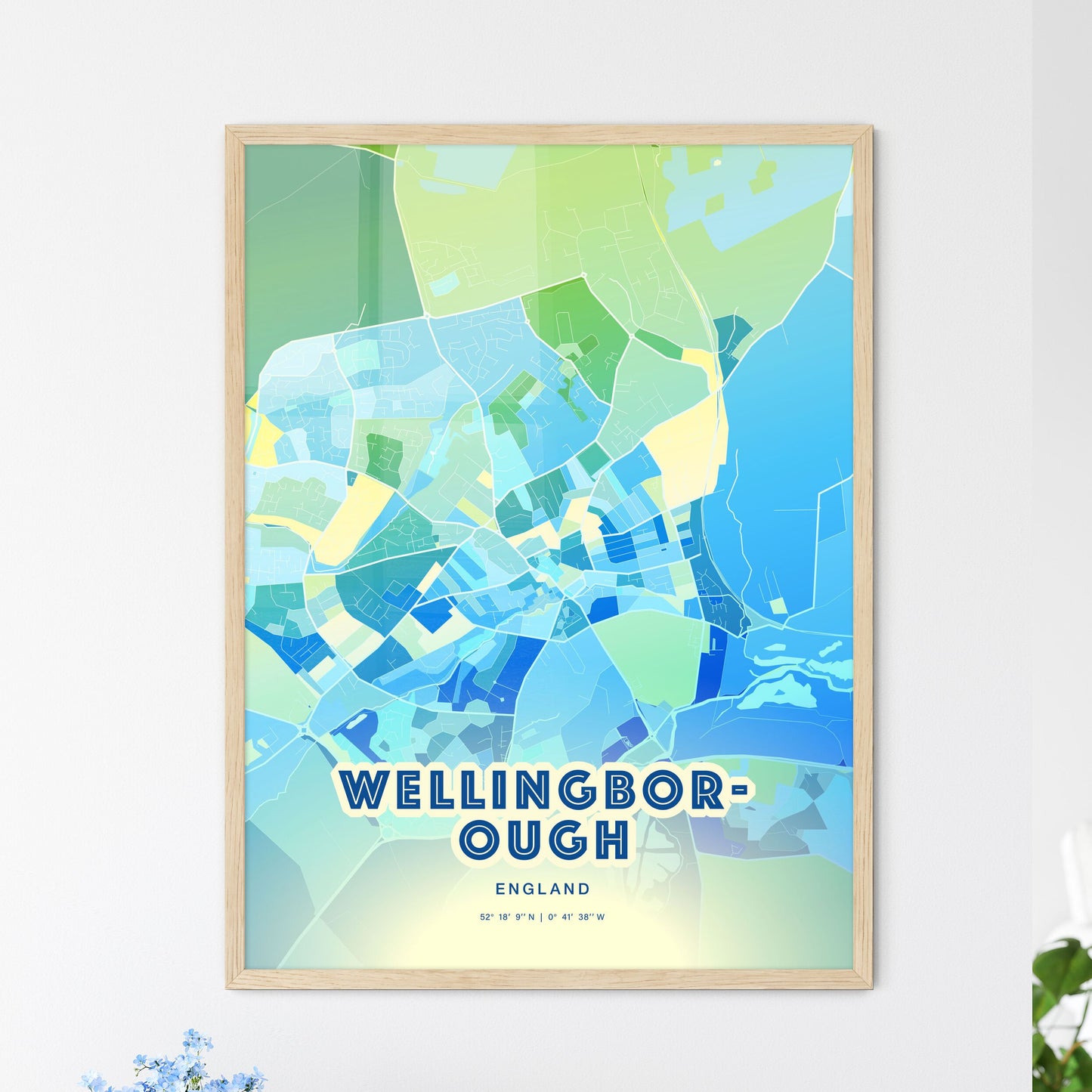 Colorful WELLINGBOROUGH ENGLAND Fine Art Map Cool Blue