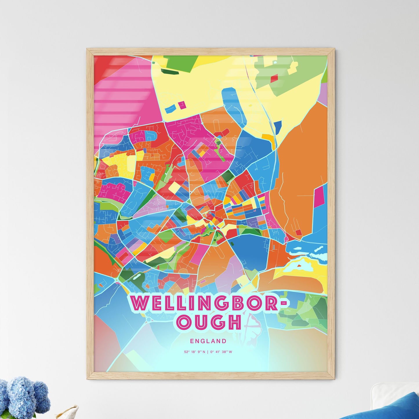 Colorful WELLINGBOROUGH ENGLAND Fine Art Map Crazy Colors