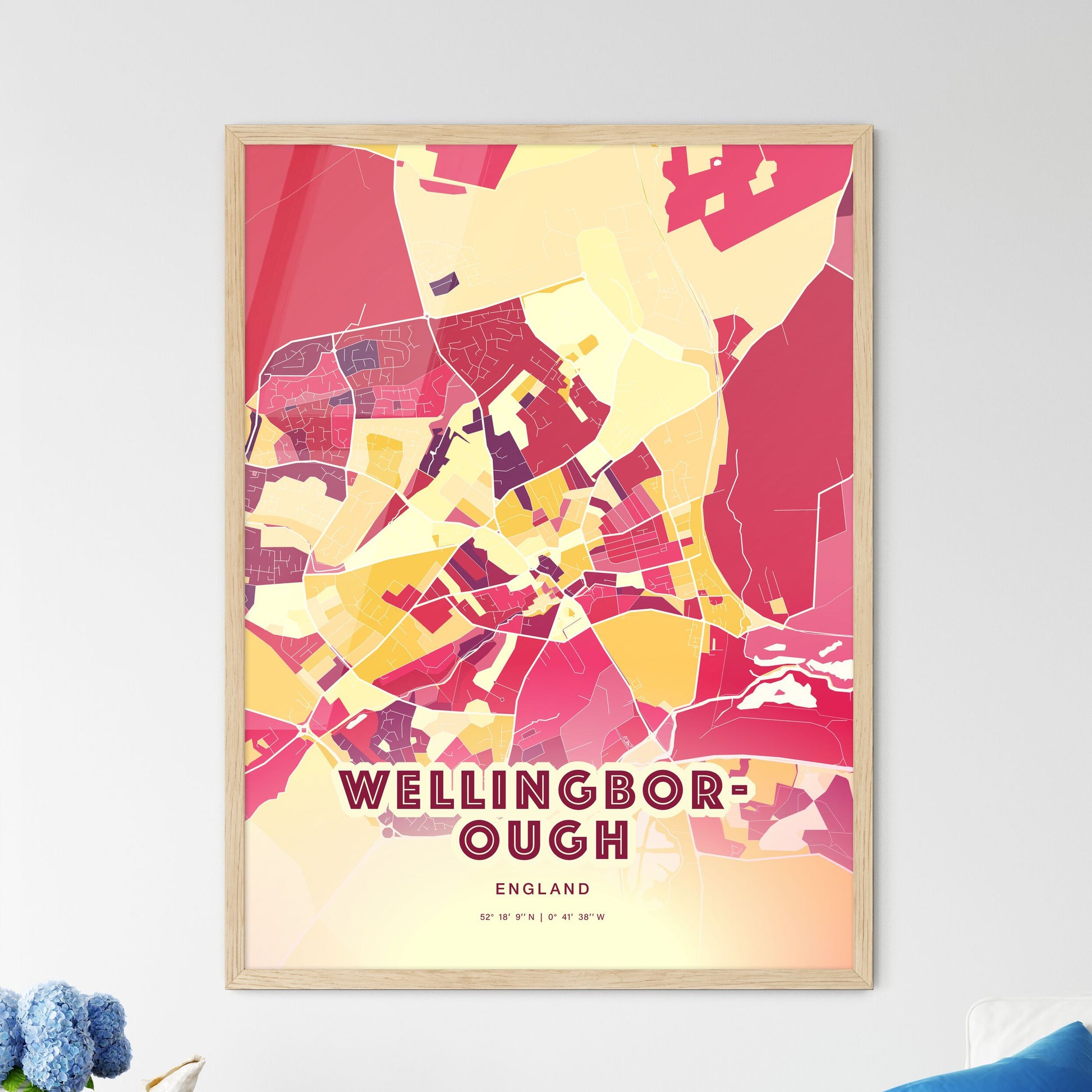 Colorful WELLINGBOROUGH ENGLAND Fine Art Map Hot Red