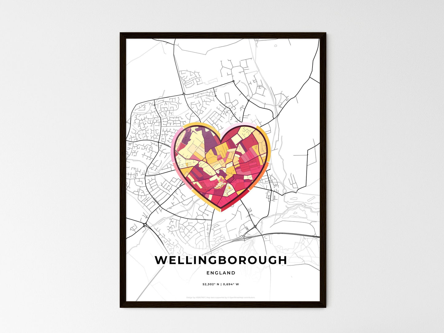 Wellingborough England wedding art map with heart icon