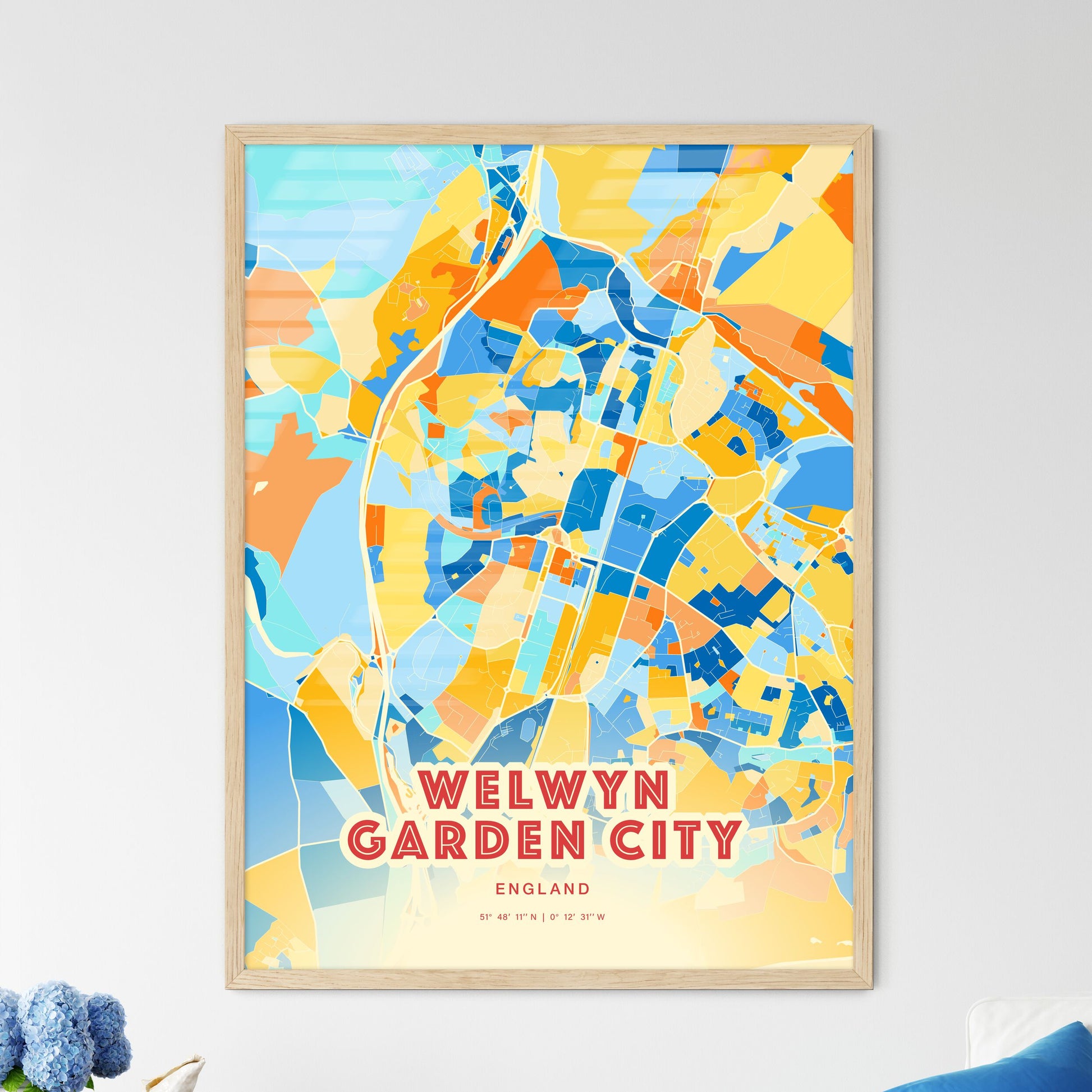 Colorful WELWYN GARDEN CITY ENGLAND Fine Art Map Blue Orange