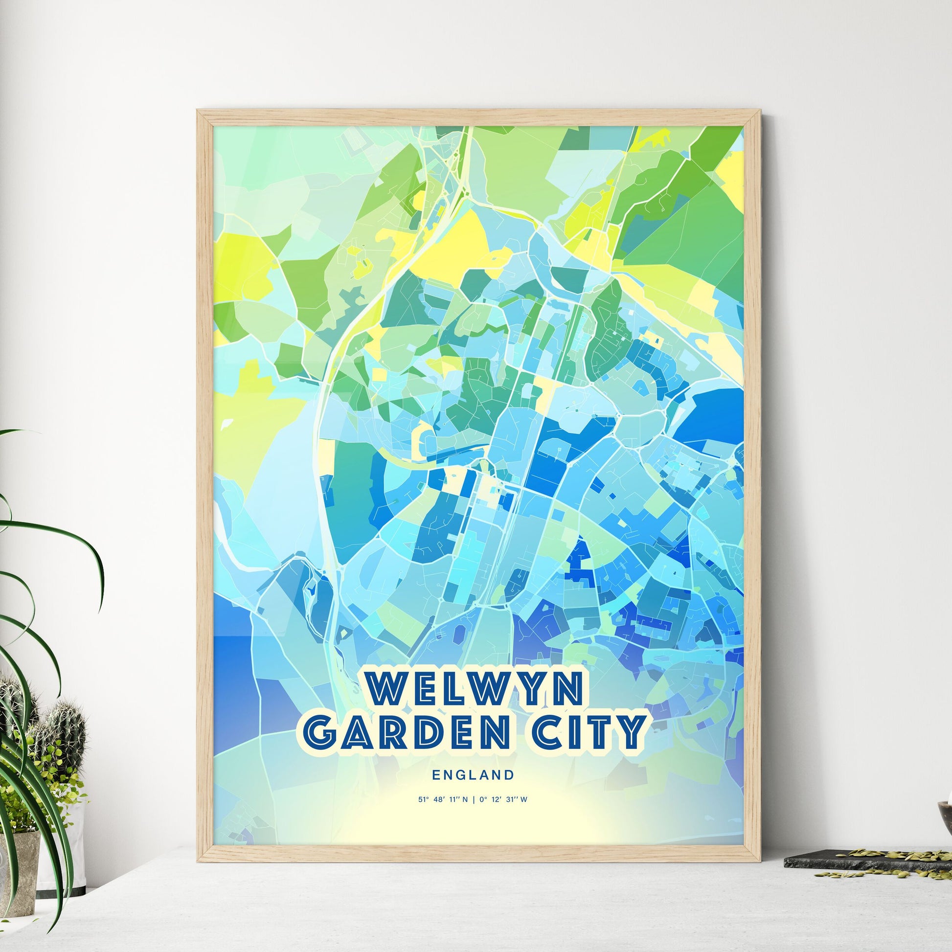 Colorful WELWYN GARDEN CITY ENGLAND Fine Art Map Cool Blue