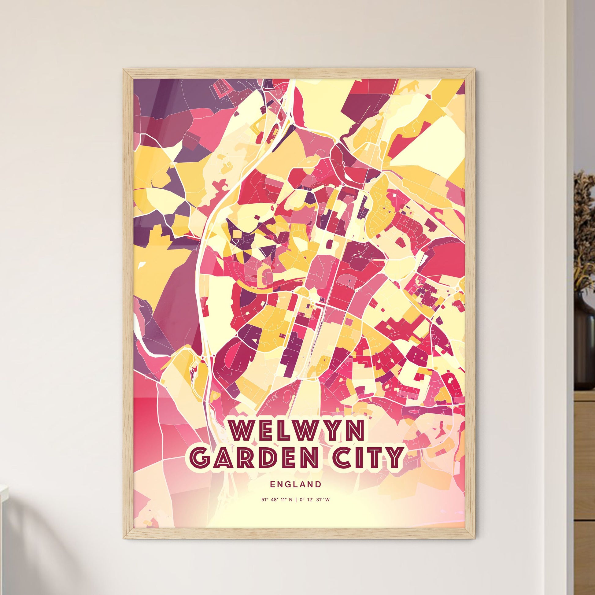 Colorful WELWYN GARDEN CITY ENGLAND Fine Art Map Hot Red