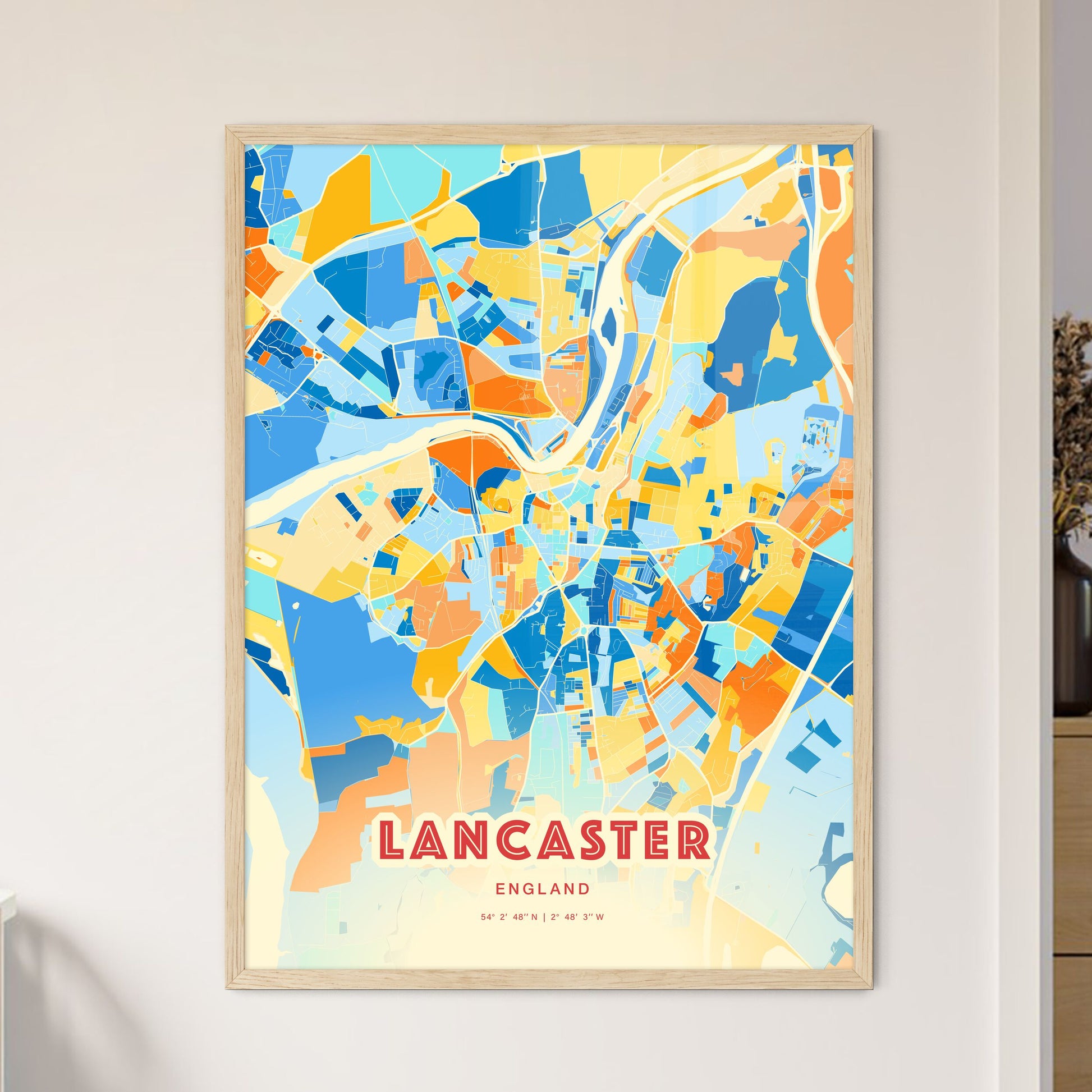 Colorful Lancaster England Fine Art Map Blue Orange