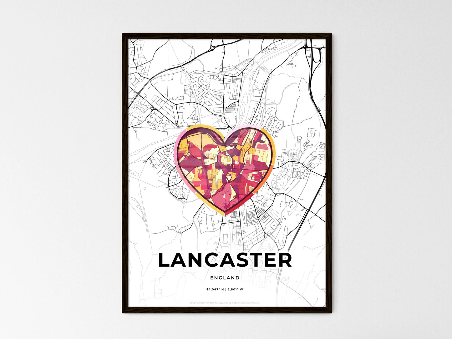 Lancaster England wedding art map with heart icon