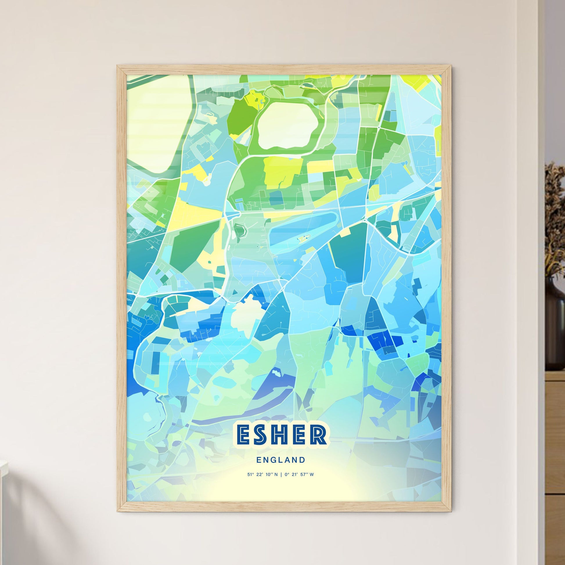 Colorful ESHER ENGLAND Fine Art Map Cool Blue