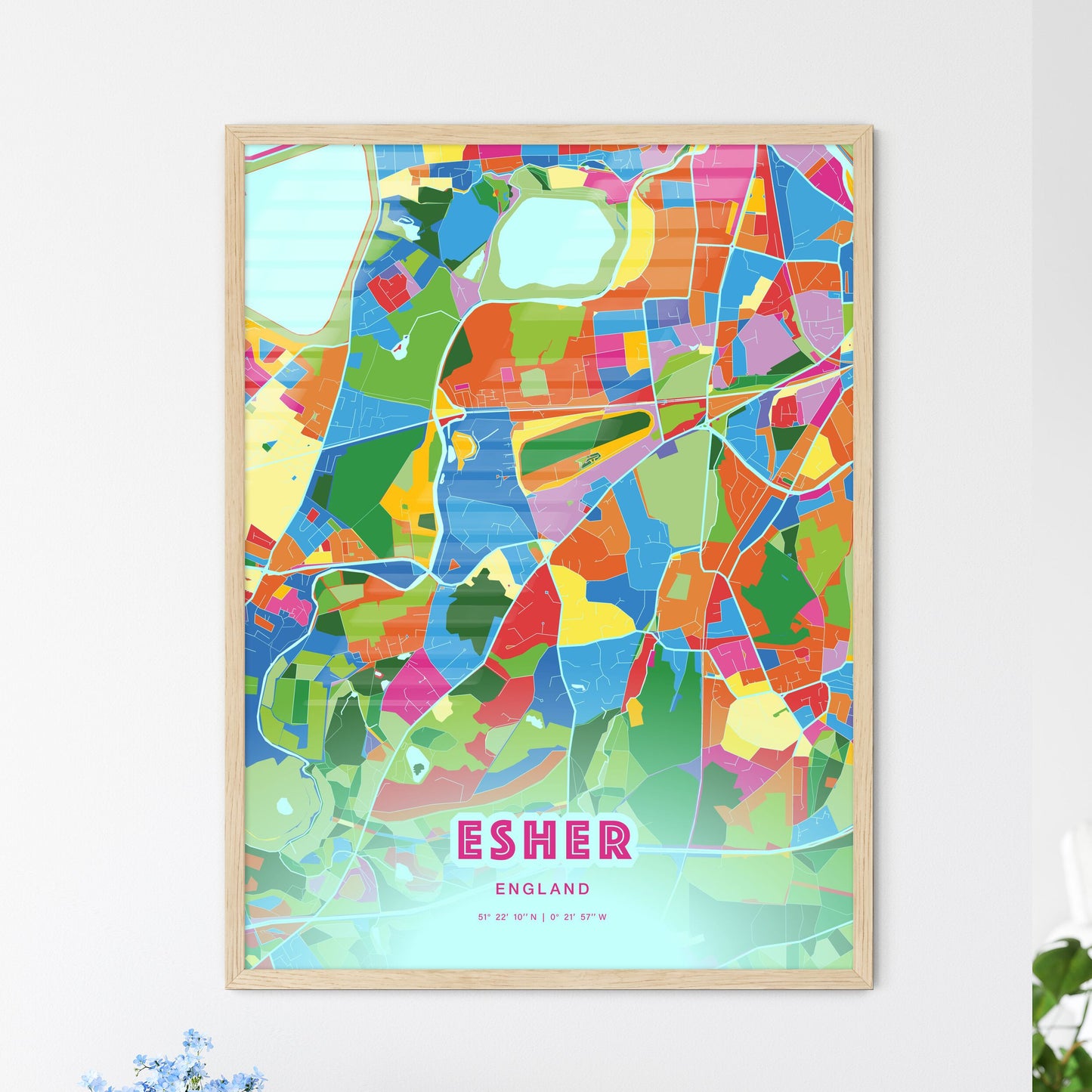 Colorful ESHER ENGLAND Fine Art Map Crazy Colors