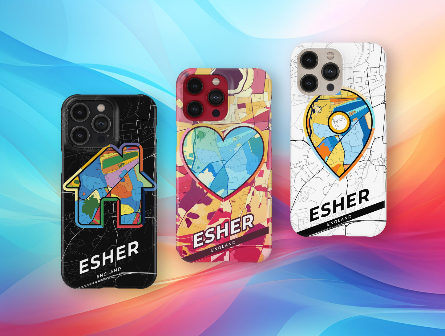 Esher England slim phone case with colorful icon. Birthday, wedding or housewarming gift. Couple match cases.