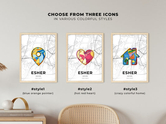 Esher England maps with colorful icons