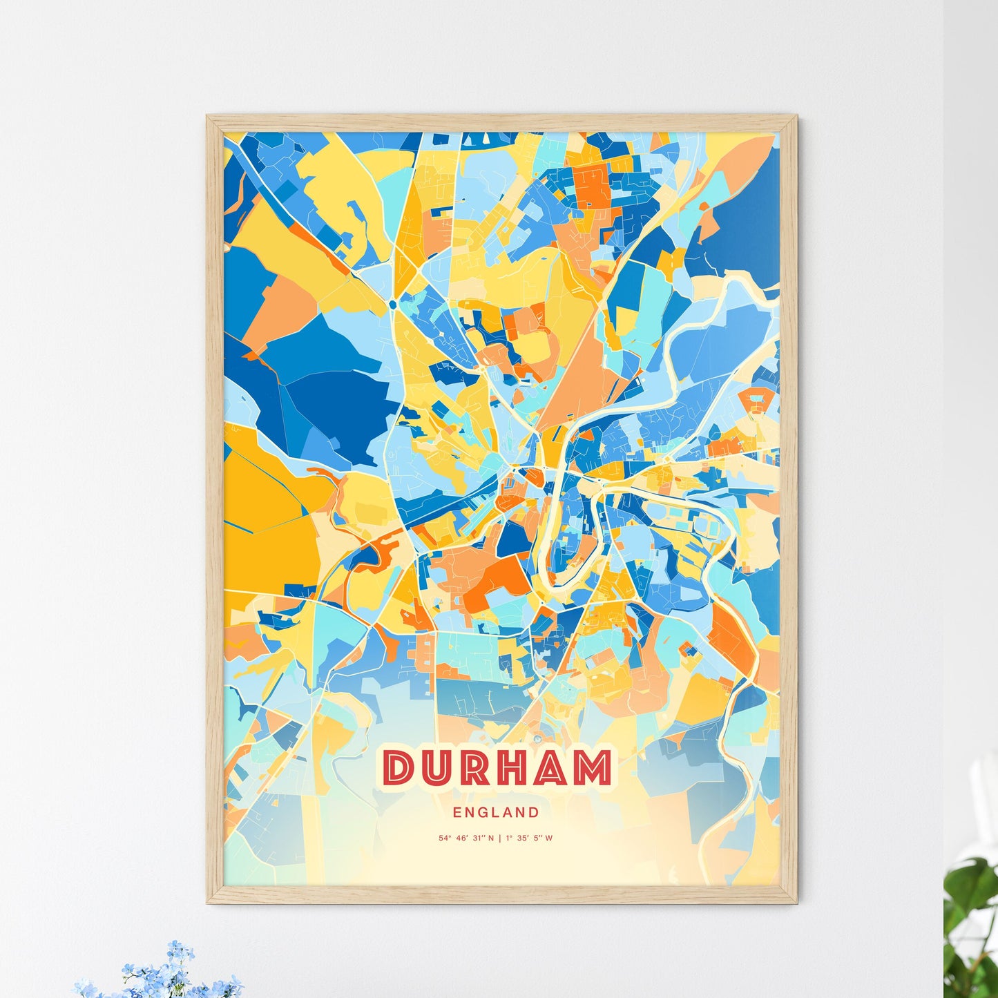 Colorful Durham England Fine Art Map Blue Orange