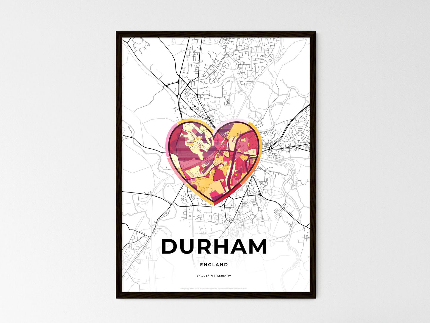 Durham England wedding art map with heart icon