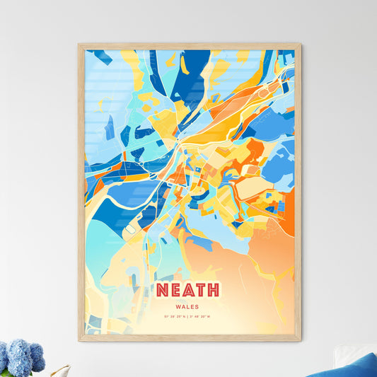 Colorful Neath Wales Fine Art Map Blue Orange