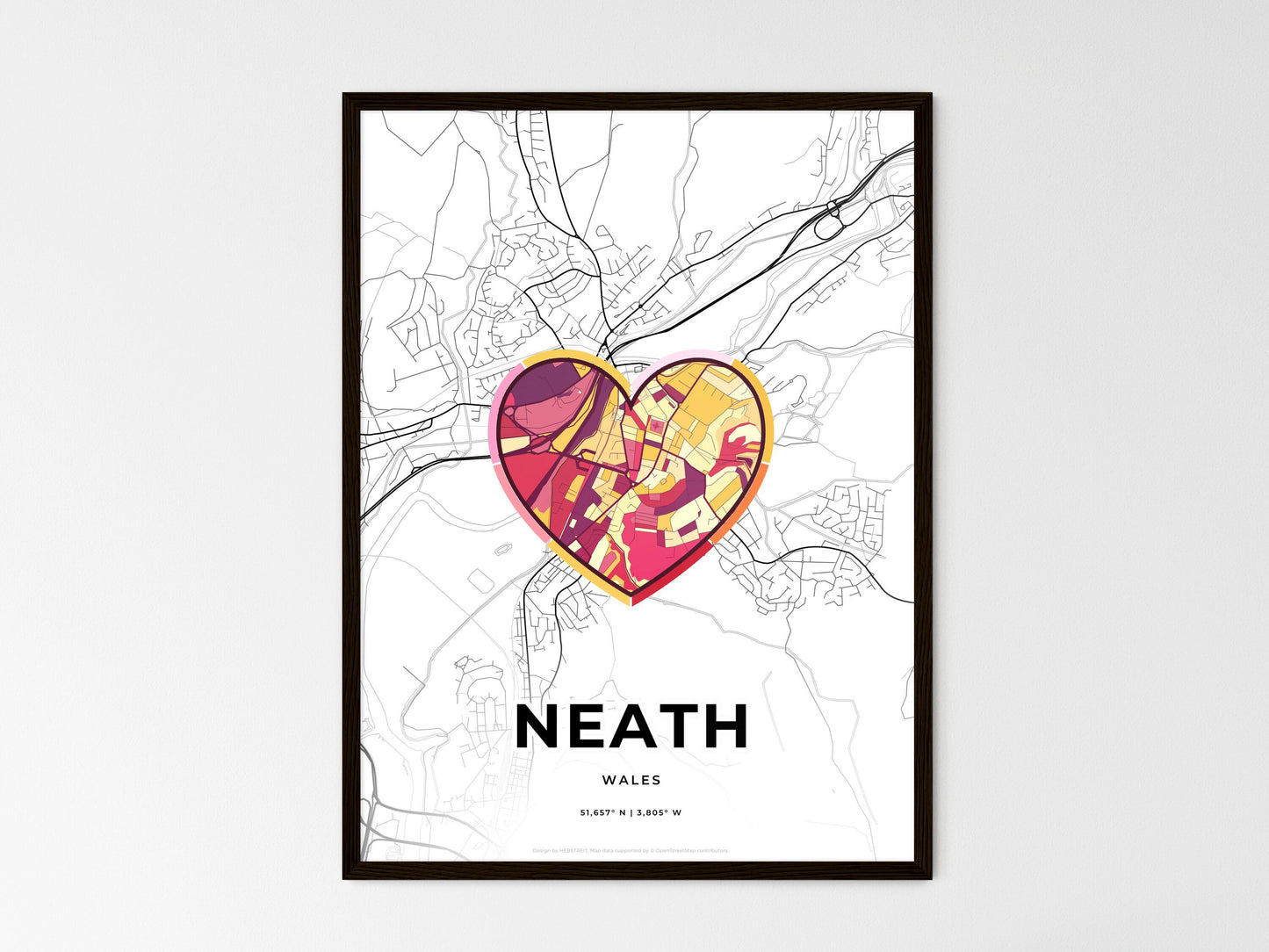 Neath Wales wedding art map with heart icon