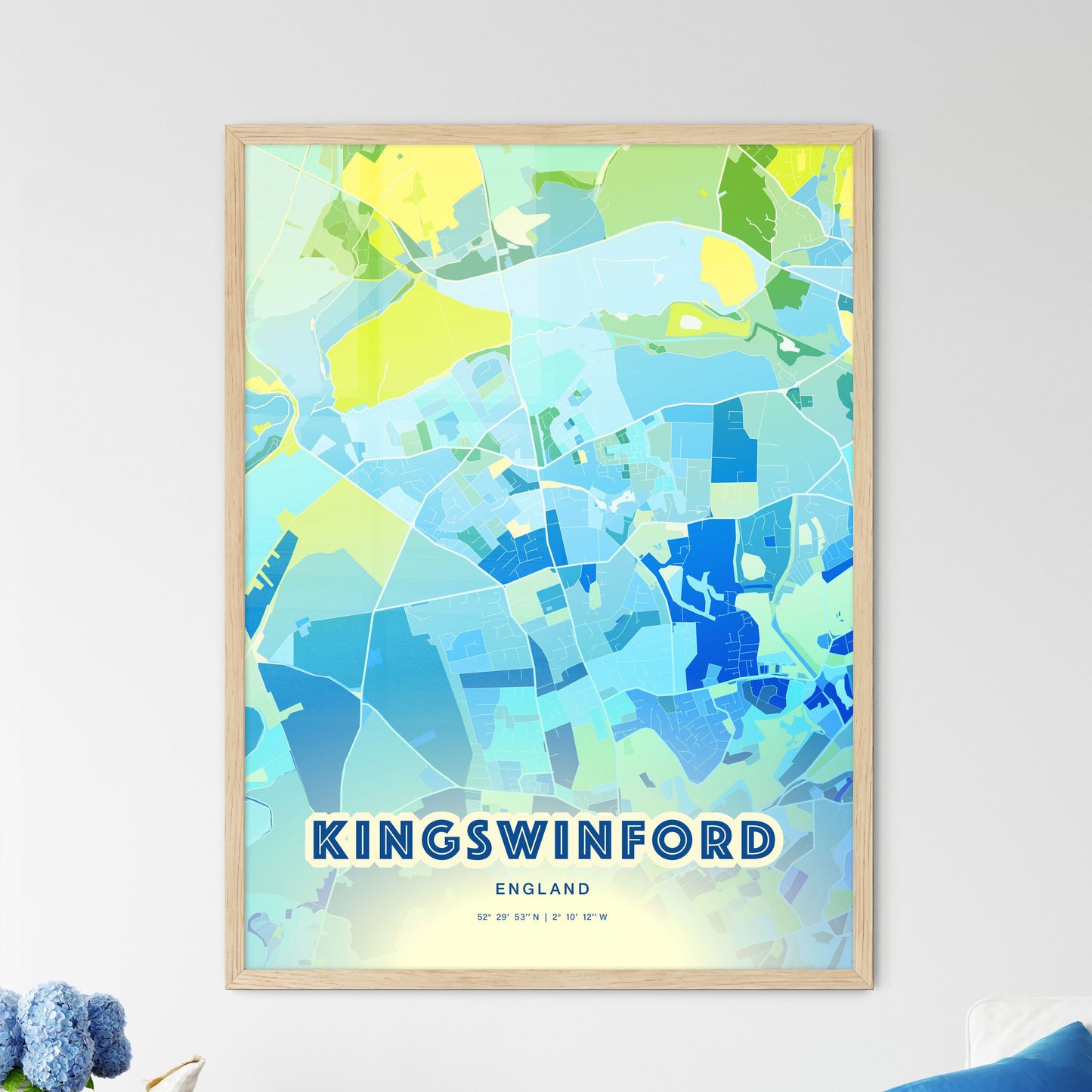 Colorful KINGSWINFORD ENGLAND Fine Art Map Cool Blue