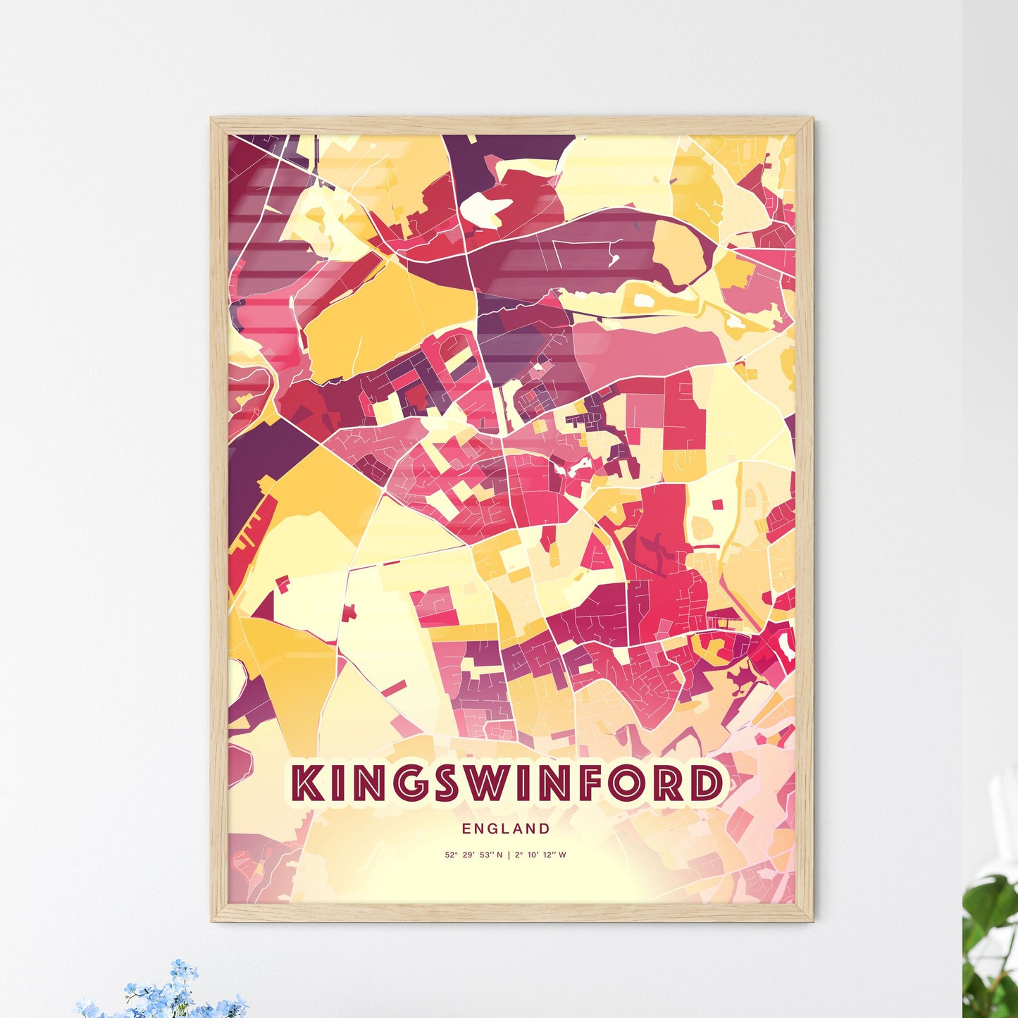 Colorful KINGSWINFORD ENGLAND Fine Art Map Hot Red