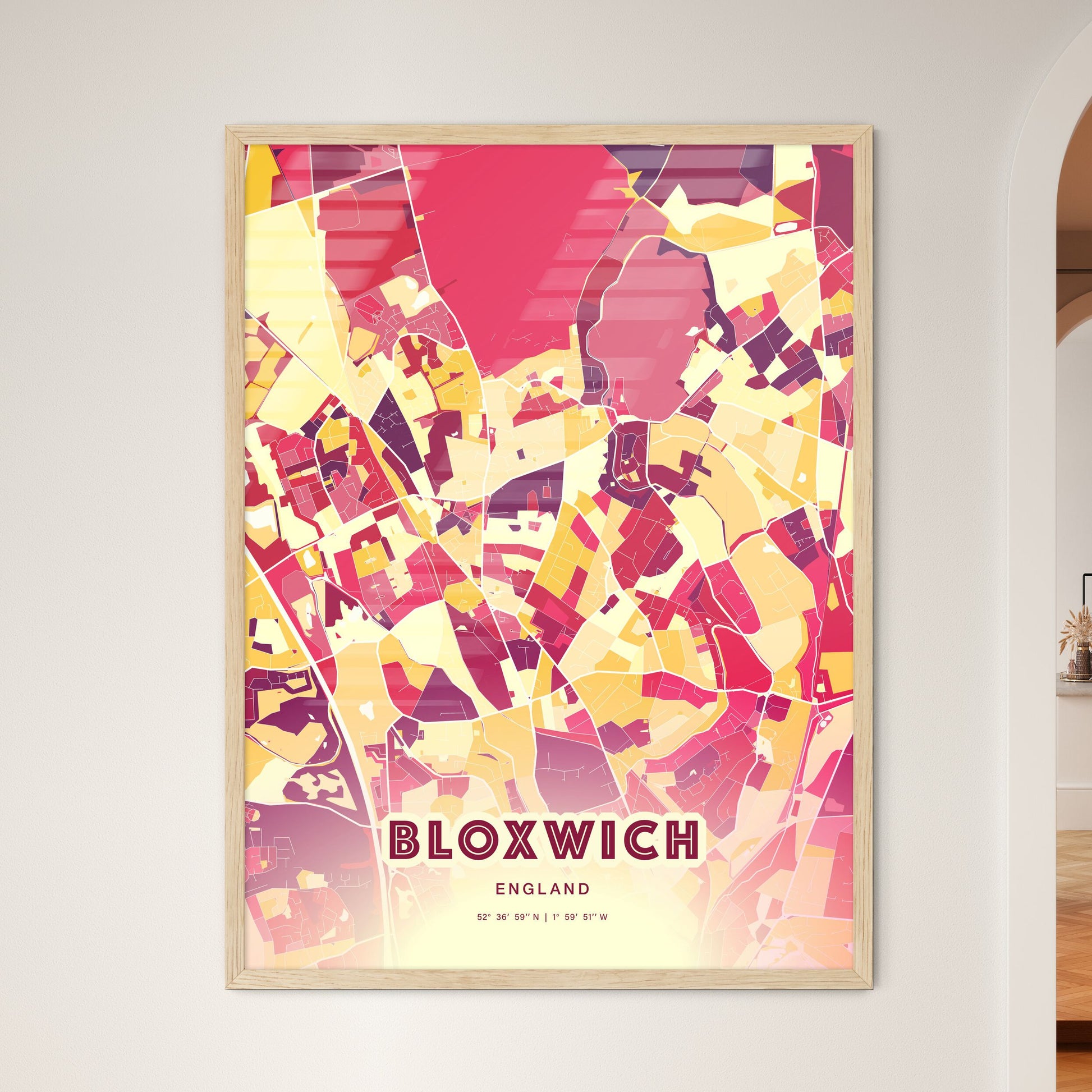 Colorful BLOXWICH ENGLAND Fine Art Map Hot Red