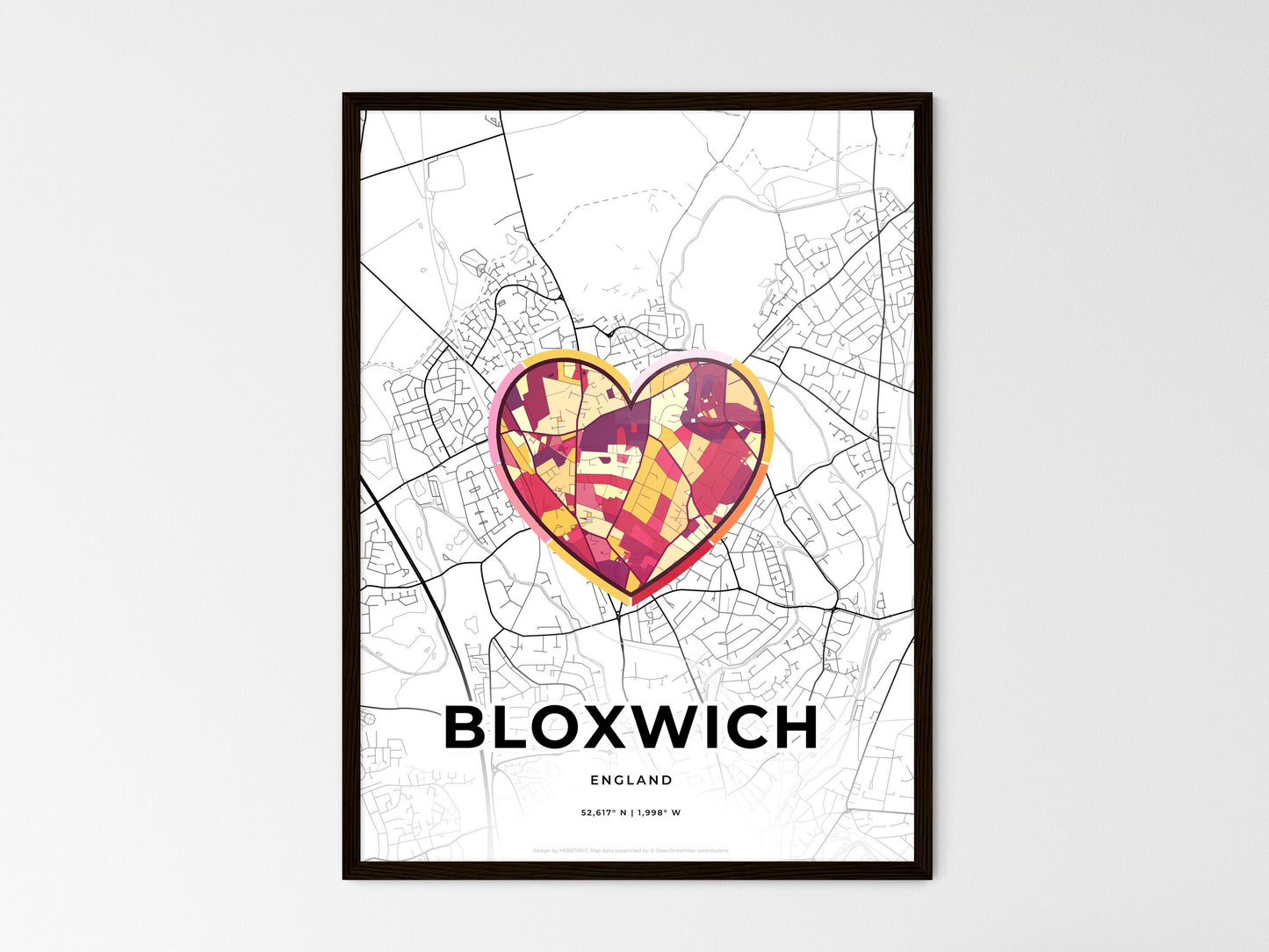 Bloxwich England wedding art map with heart icon