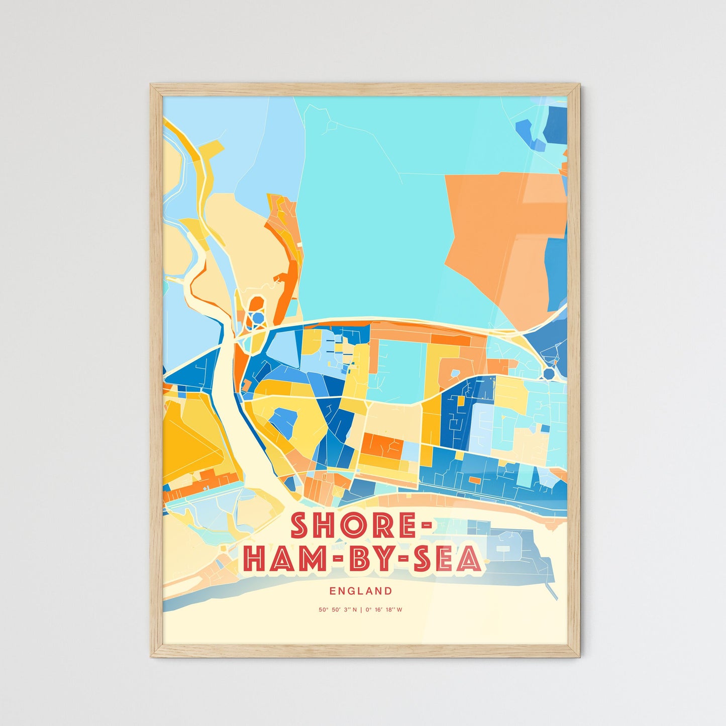 Colorful SHOREHAM-BY-SEA ENGLAND Fine Art Map Blue Orange