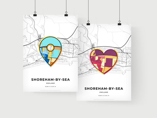 SHOREHAM-BY-SEA ENGLAND minimal art map with a colorful icon. Where it all began, Couple map gift.