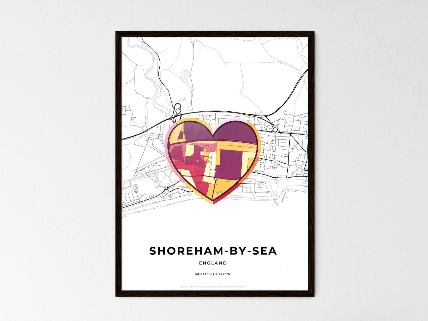 Shoreham-By-Sea England wedding art map with heart icon