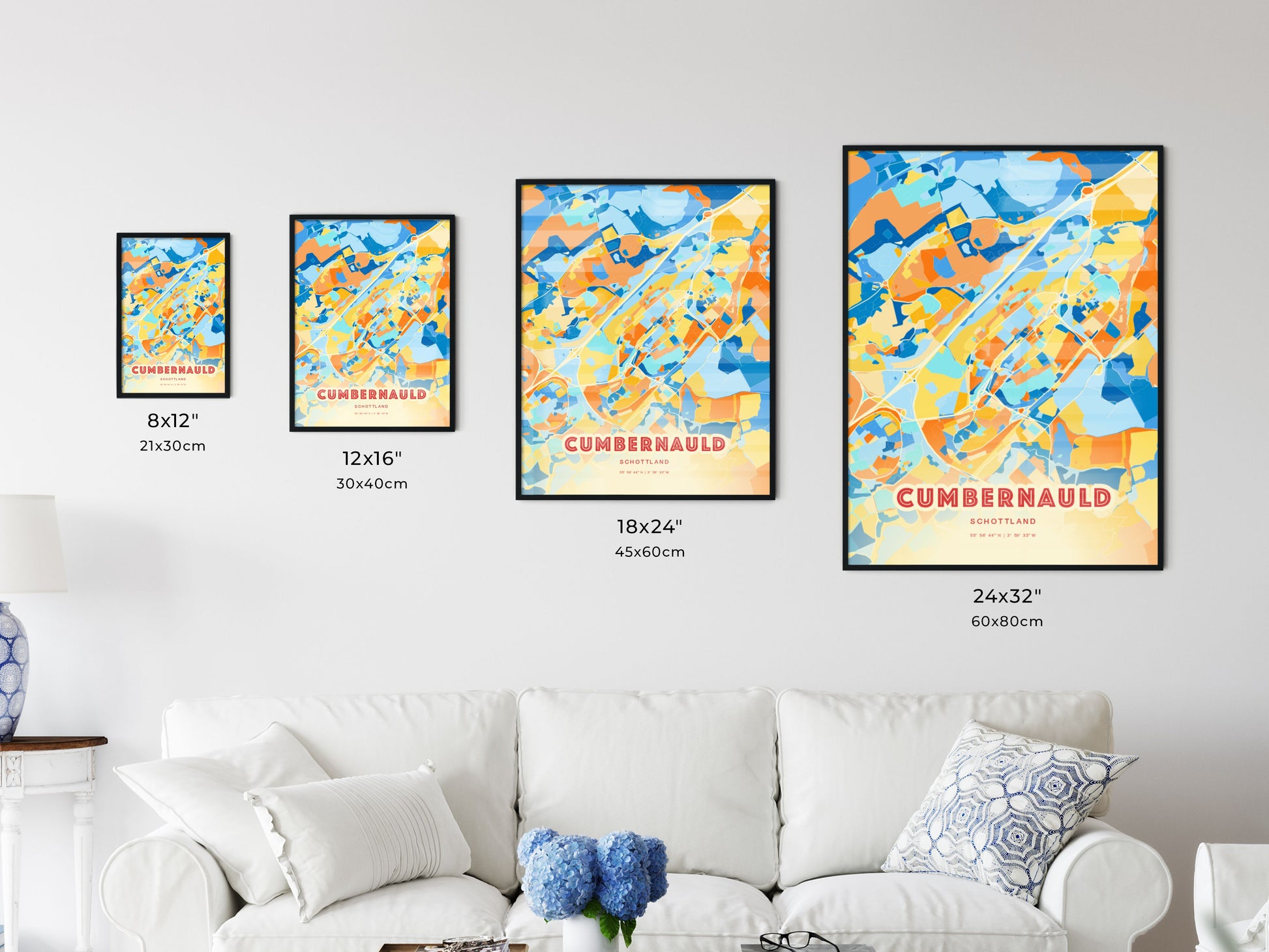 Colorful CUMBERNAULD SCOTLAND Fine Art Map Blue Orange